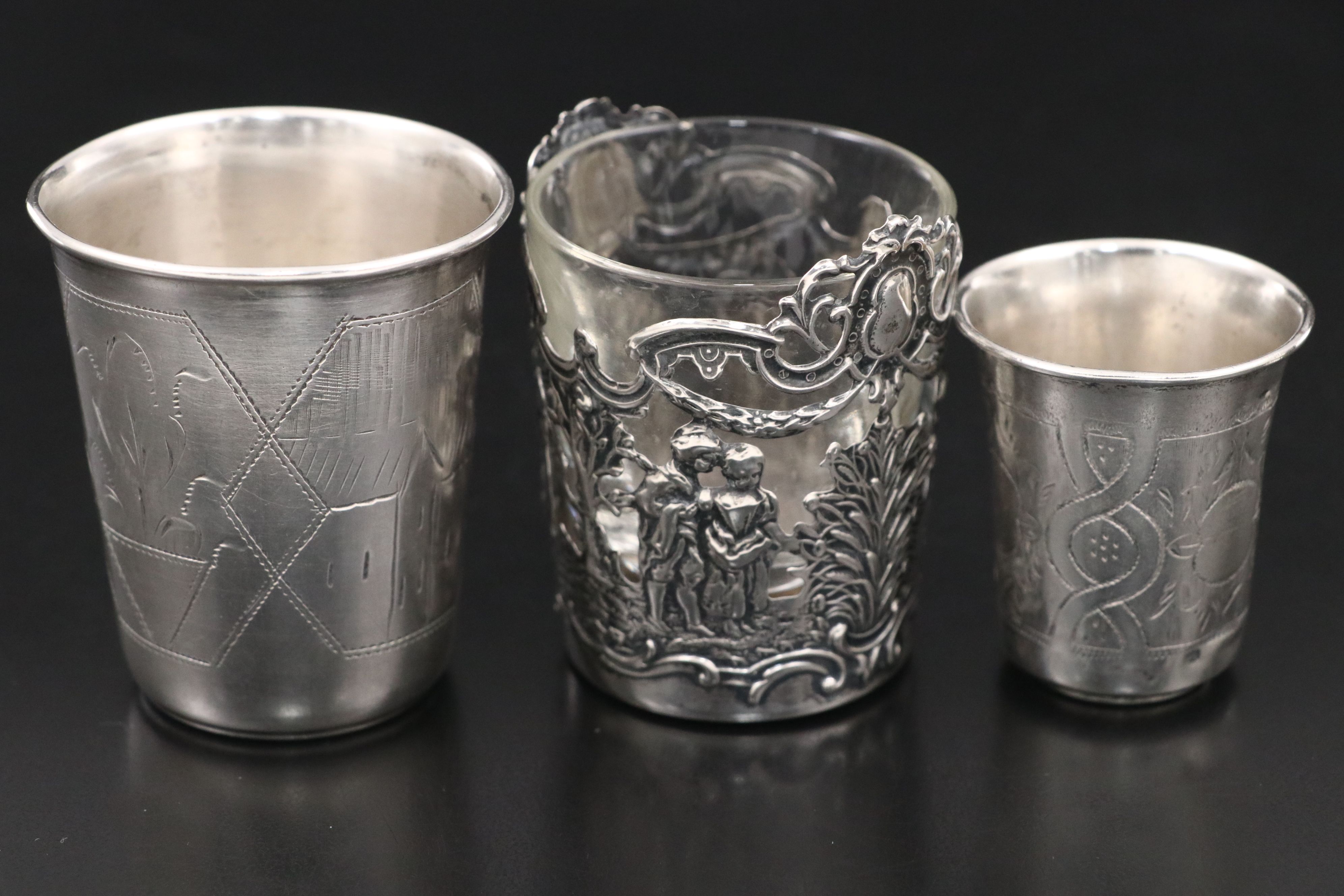 Hanau Repoussé Silver Over Glass with Russian 875 and Other Silver Cups
