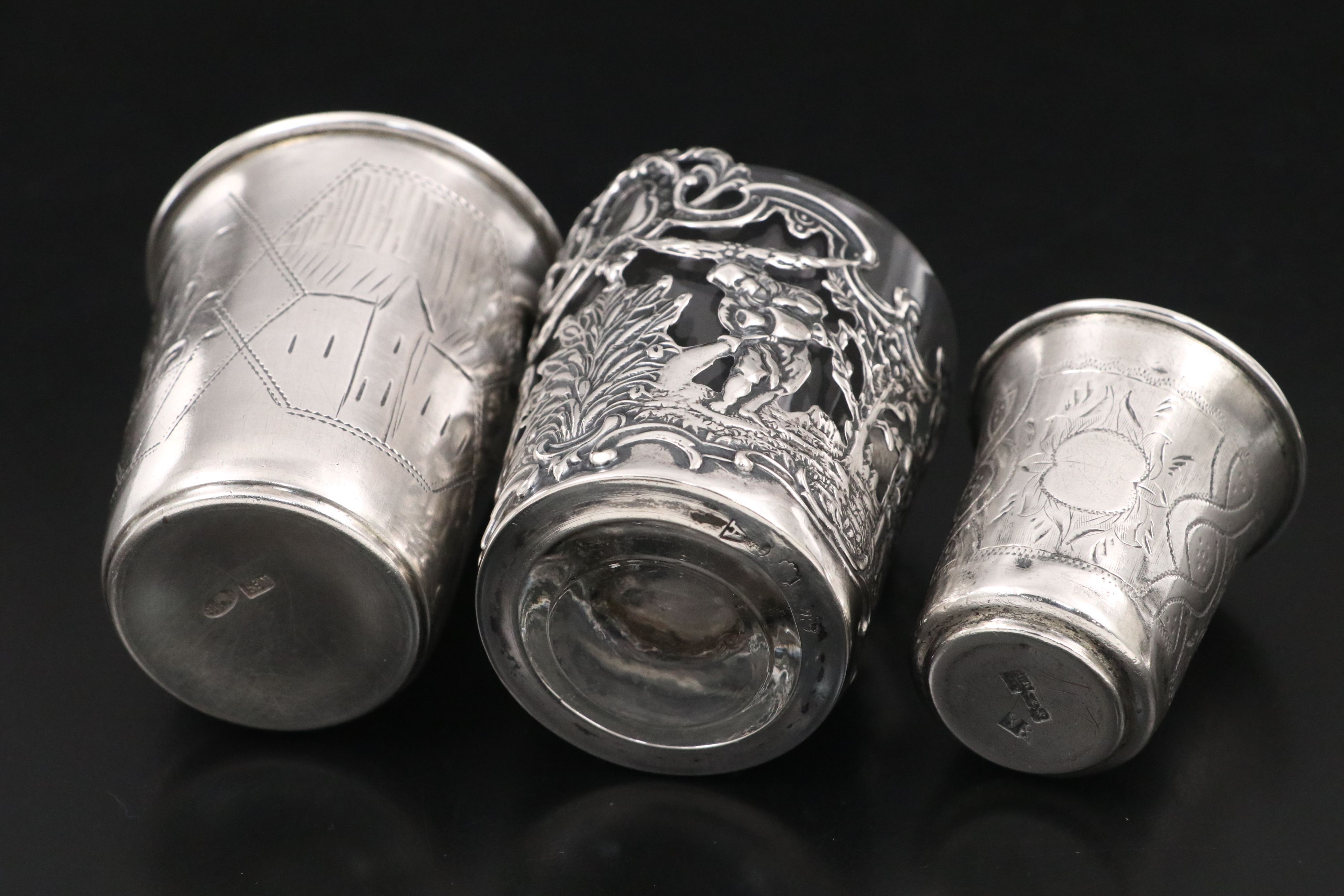 Hanau Repoussé Silver Over Glass with Russian 875 and Other Silver Cups