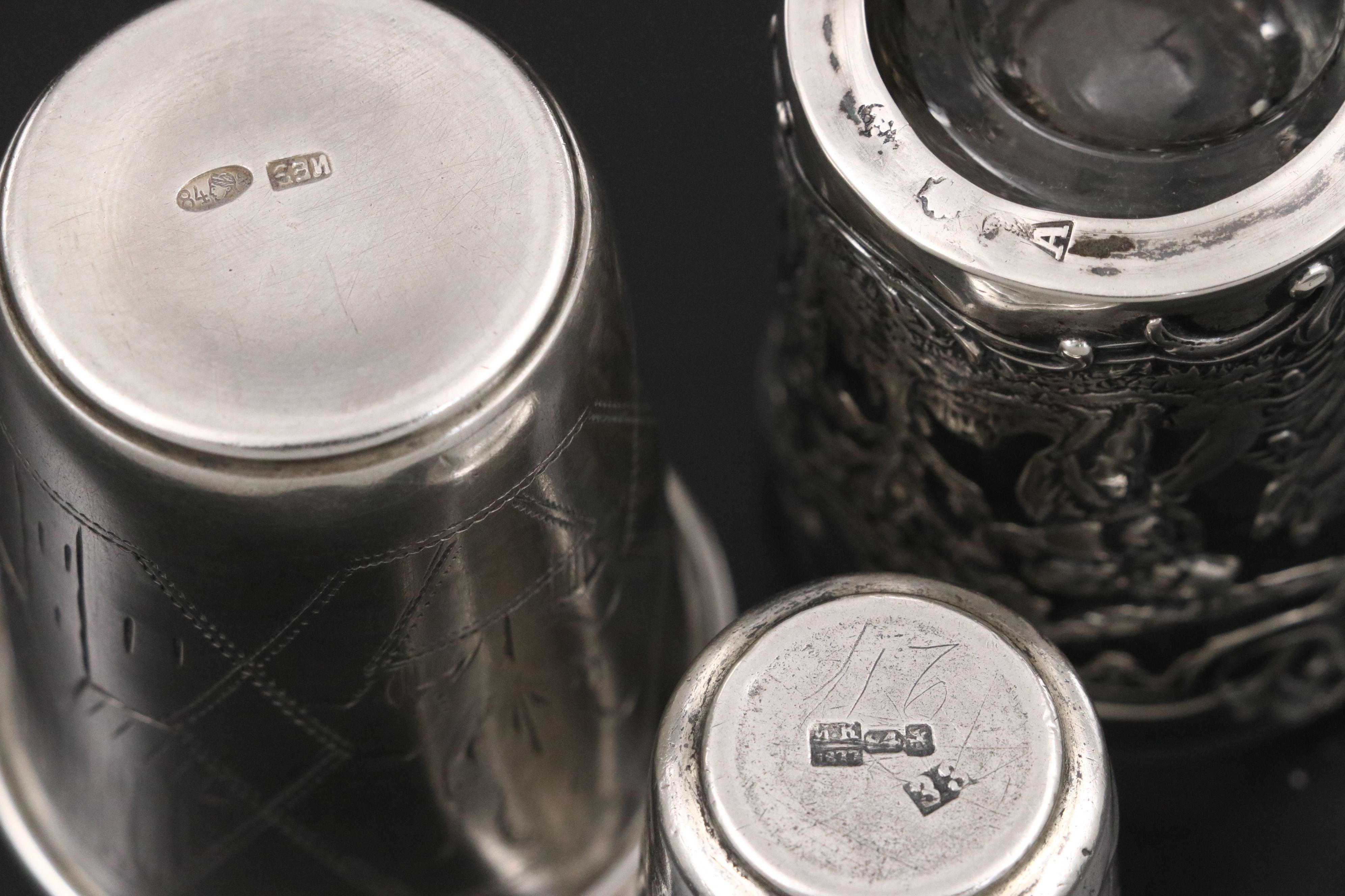 Hanau Repoussé Silver Over Glass with Russian 875 and Other Silver Cups