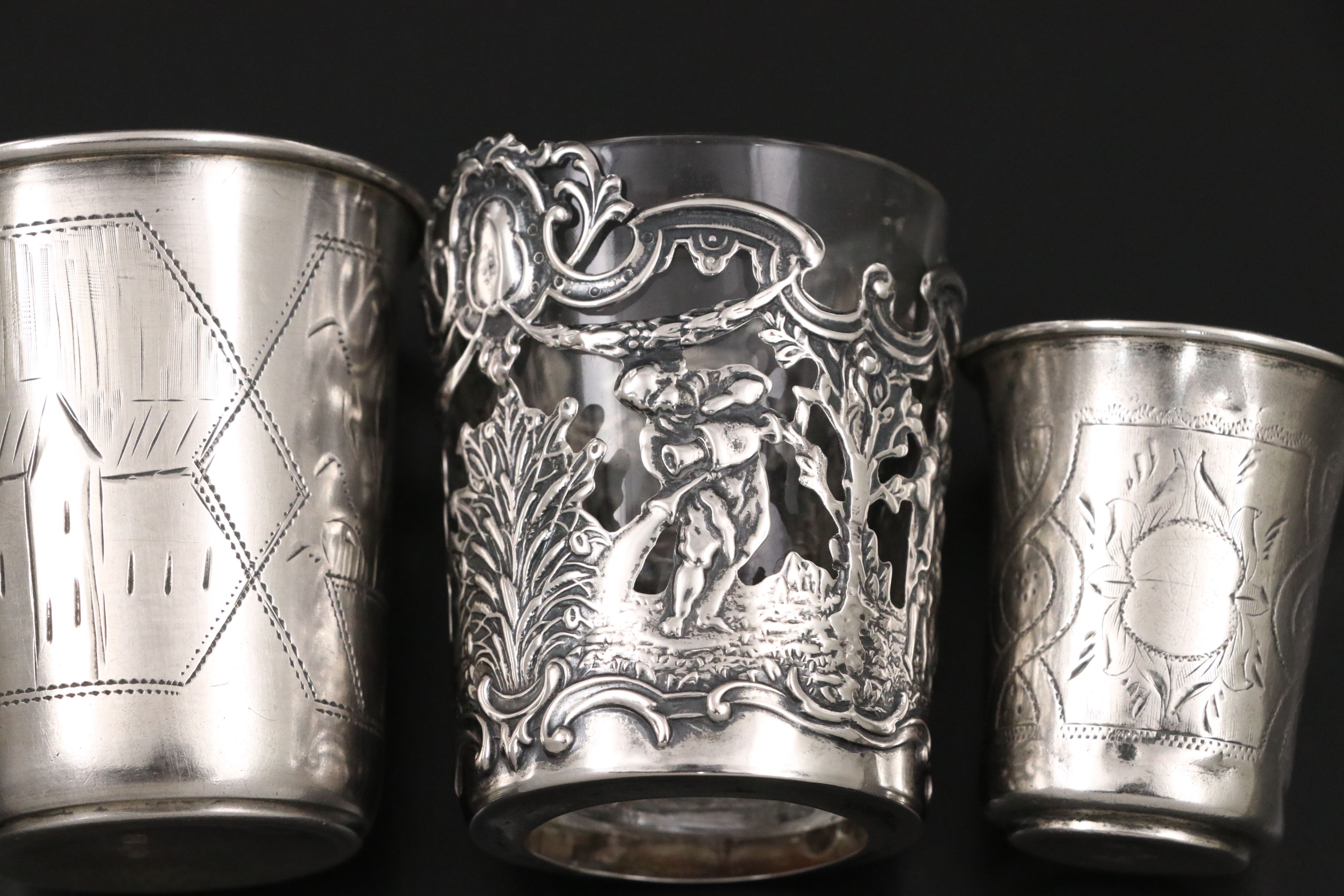 Hanau Repoussé Silver Over Glass with Russian 875 and Other Silver Cups