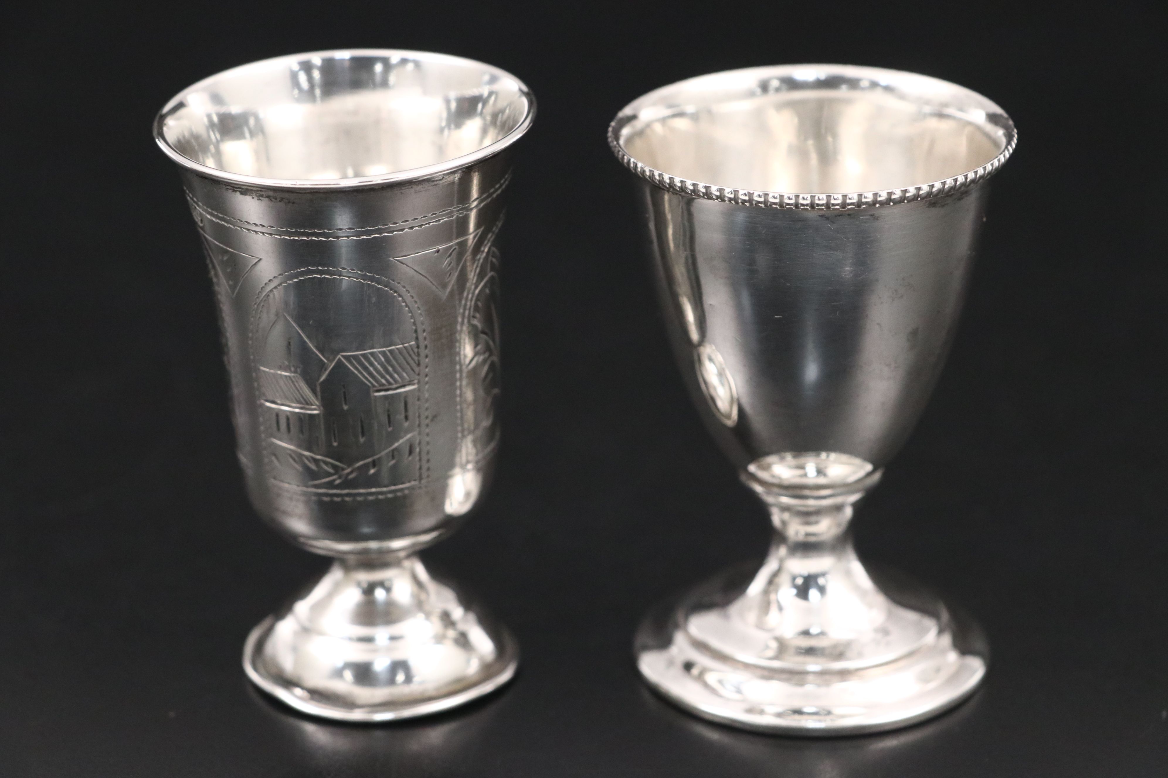 Hanau Repoussé Silver Over Glass with Russian 875 and Other Silver Cups
