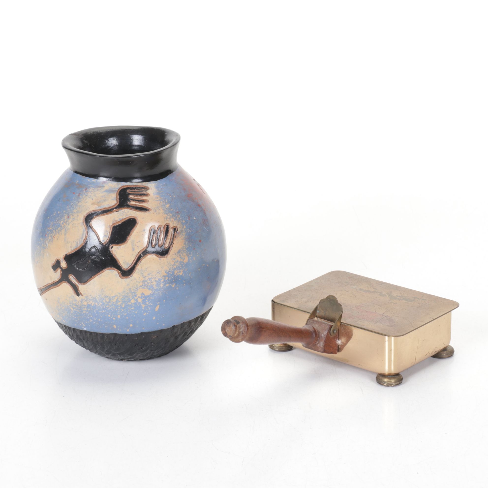 Brass "Silent Butler" Crumb Catcher & Native American Pot