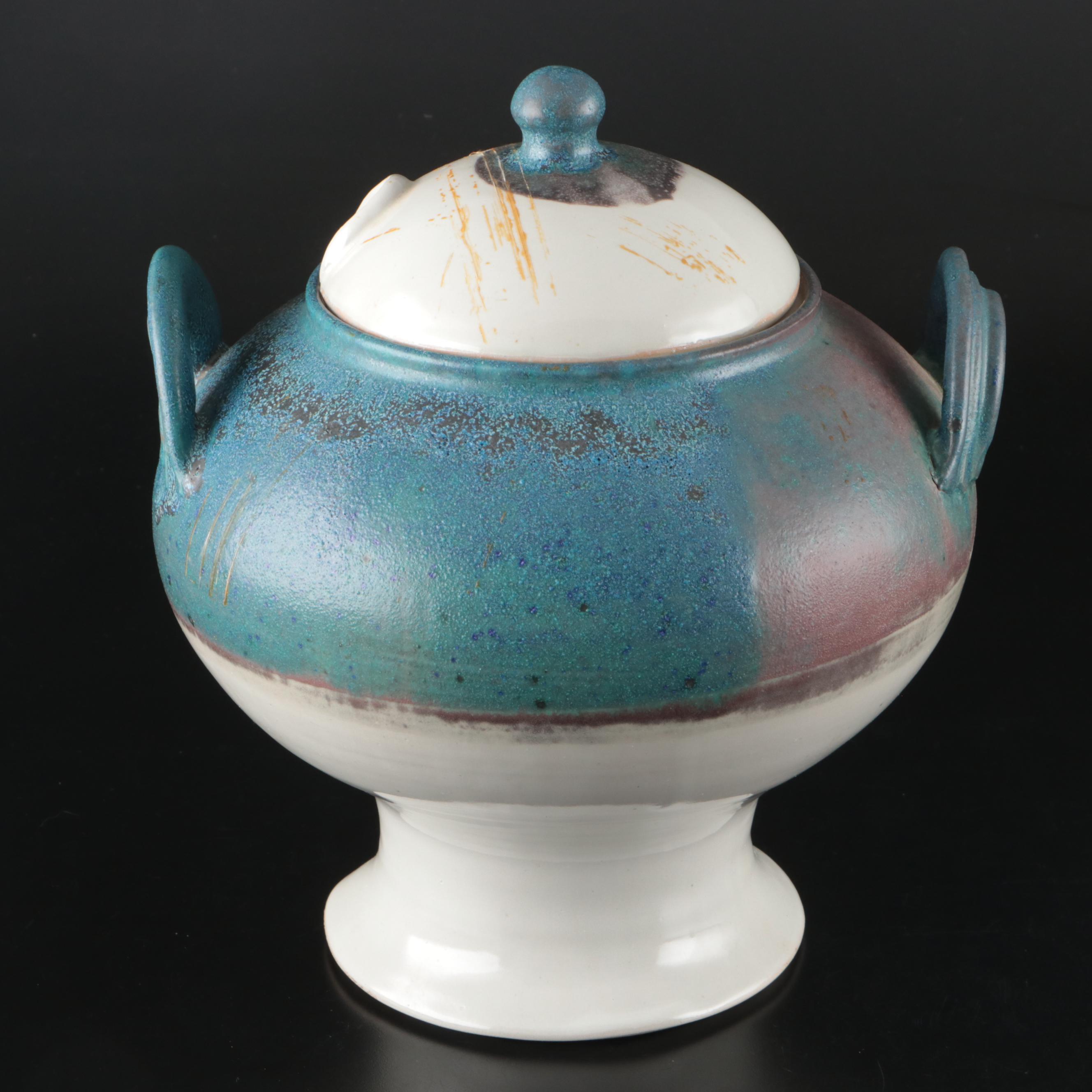 Artist Signed Pottery Soup Tureen with Ladle