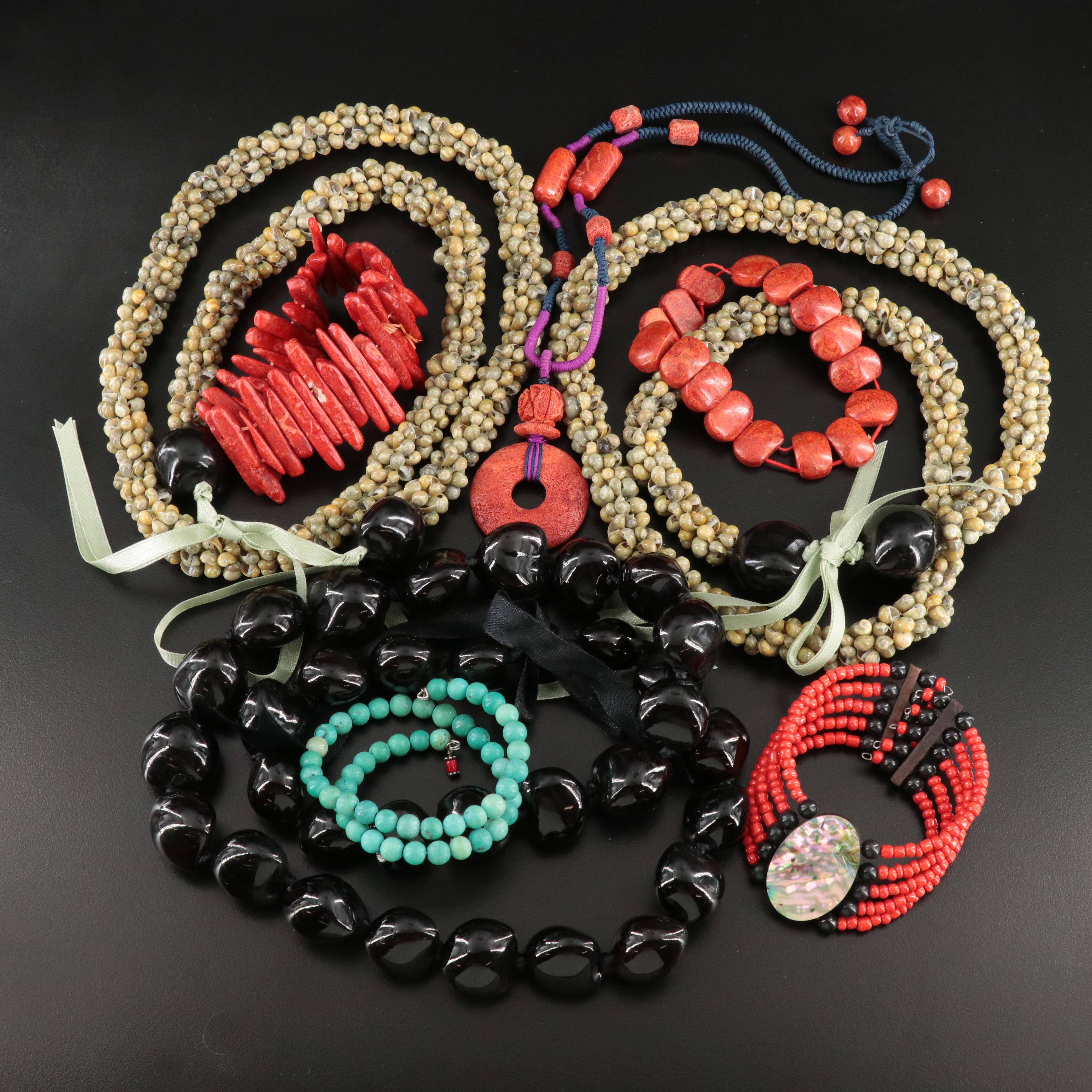 Abalone and Coral Featured in Beaded Necklaces and Bracelets
