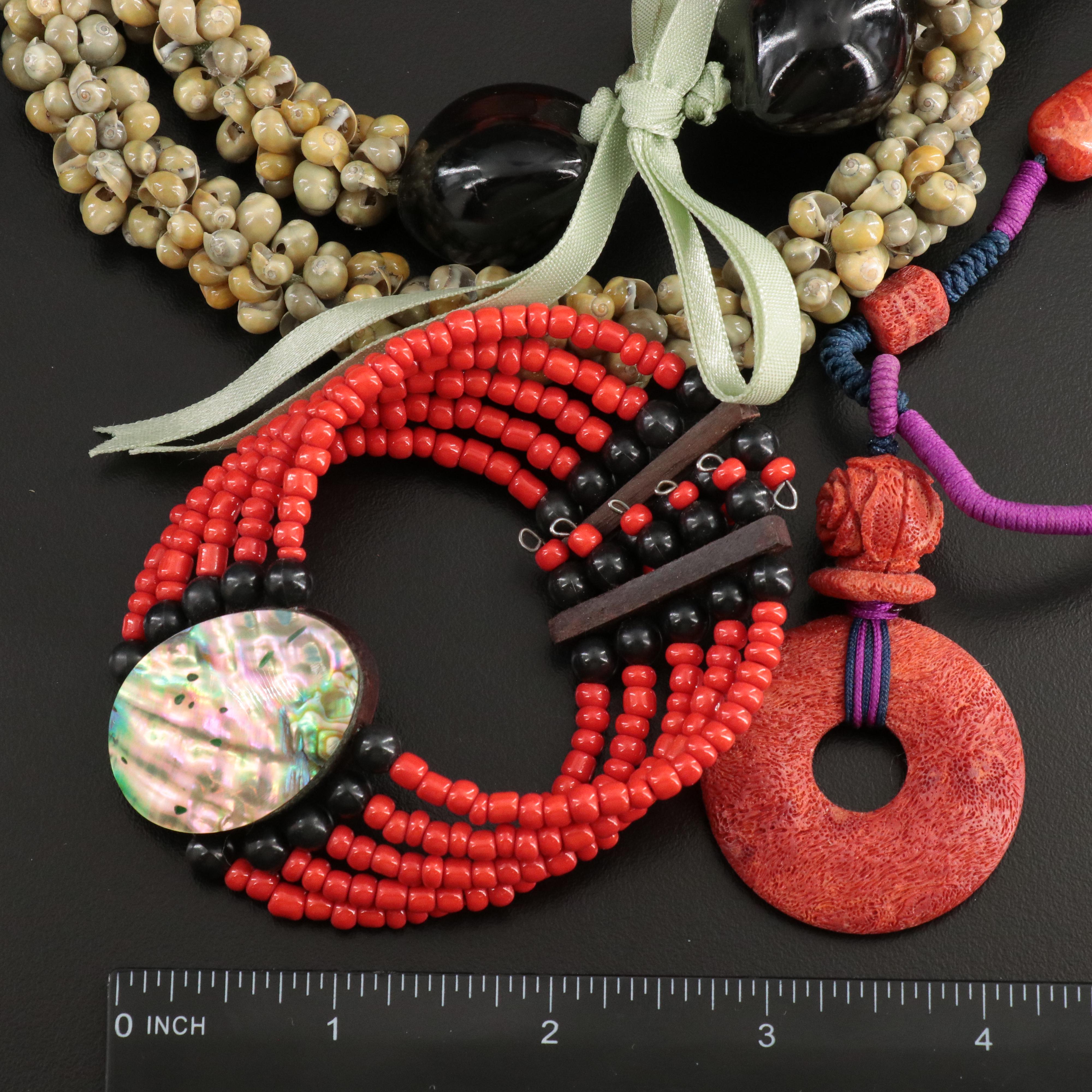 Abalone and Coral Featured in Beaded Necklaces and Bracelets