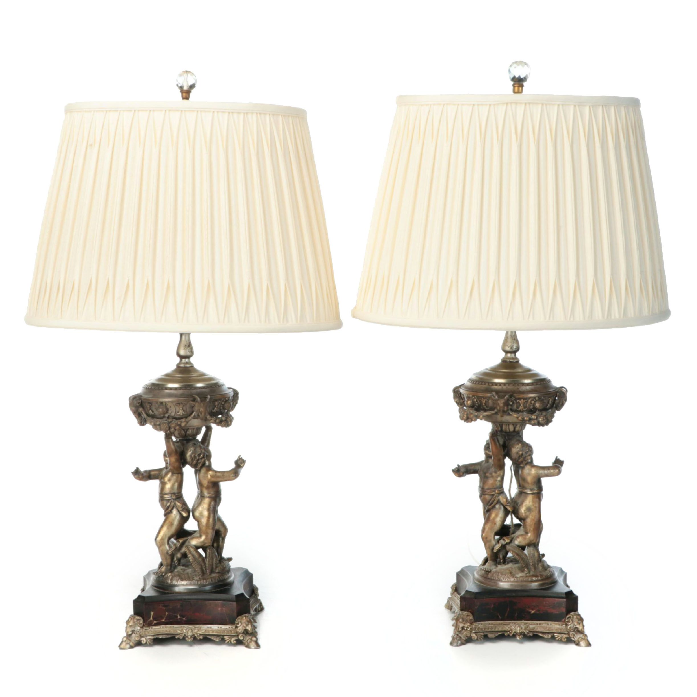 Rococo Style Putti Metal Table Lamps with Pintuck Pleat Silk Shades