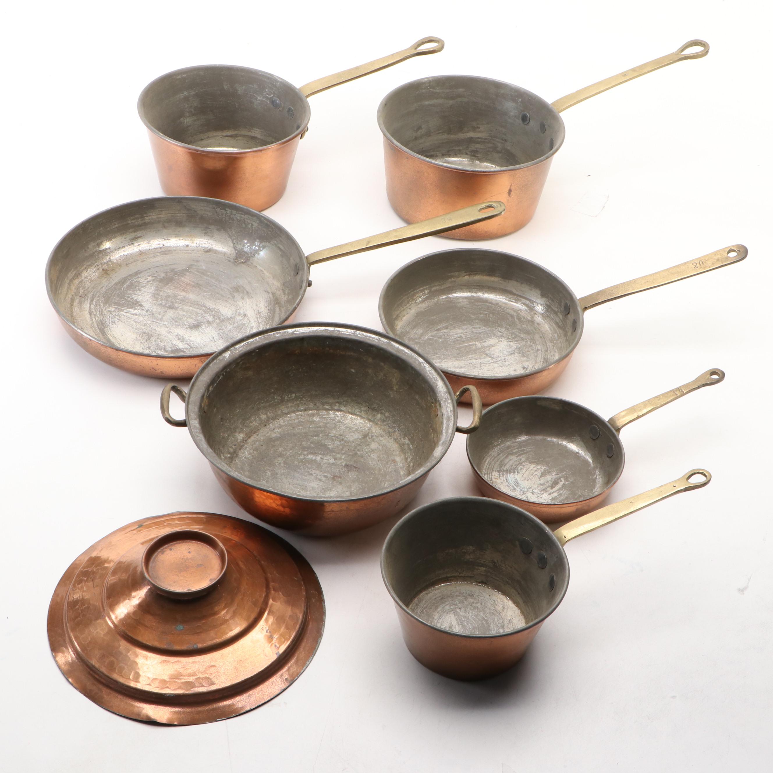 European Copper Pots and Pans with Brass Handles and Other Hammered Pot