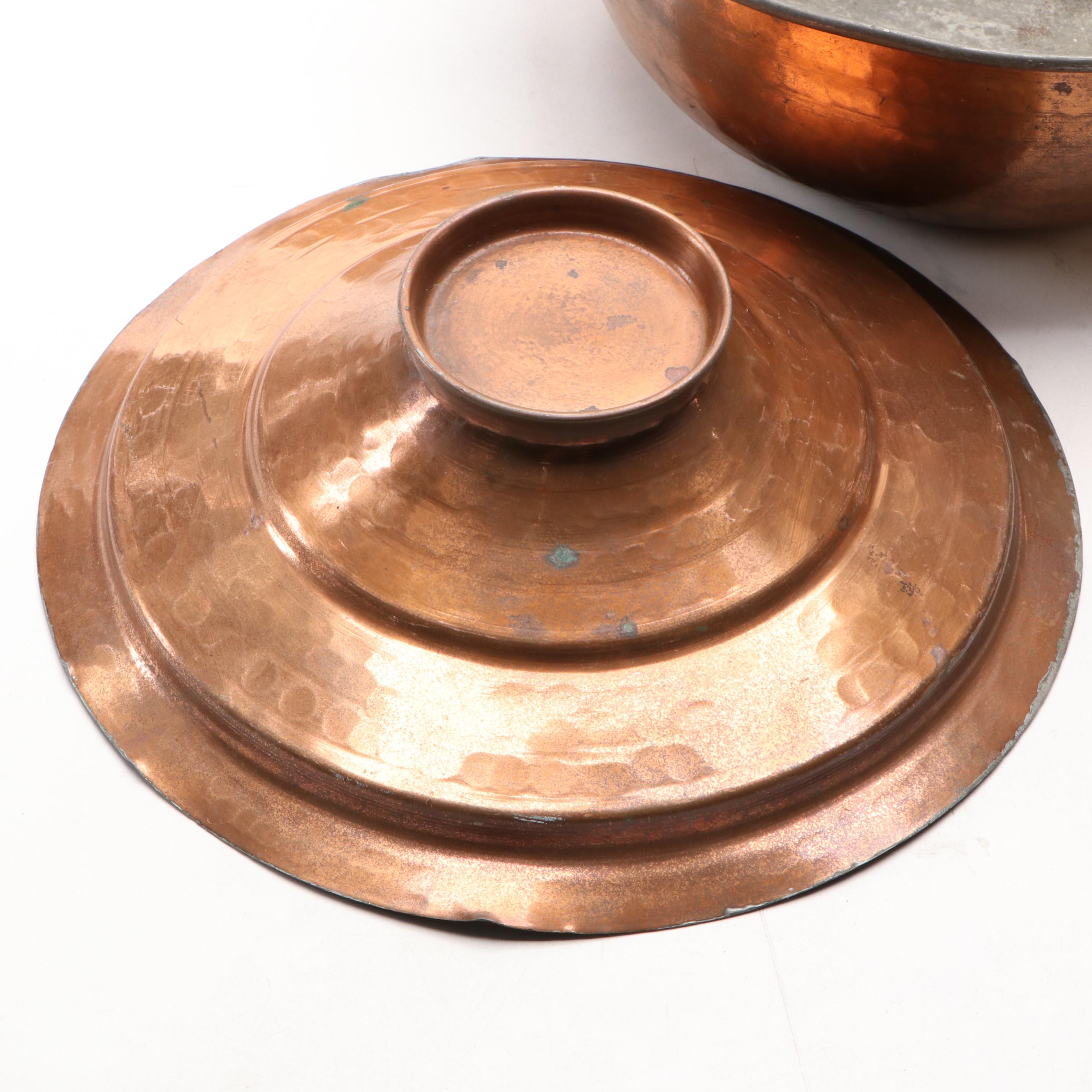 European Copper Pots and Pans with Brass Handles and Other Hammered Pot
