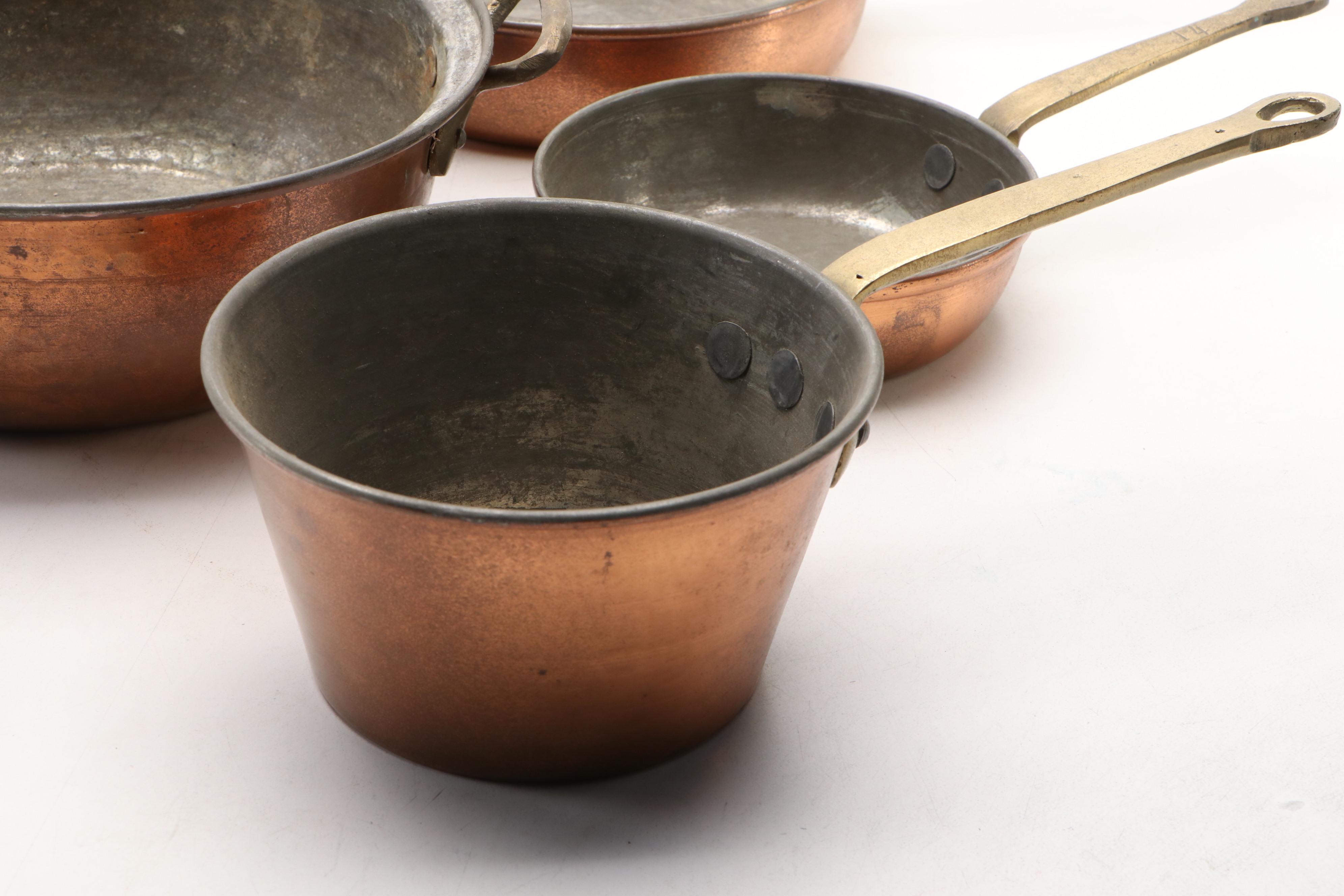 European Copper Pots and Pans with Brass Handles and Other Hammered Pot