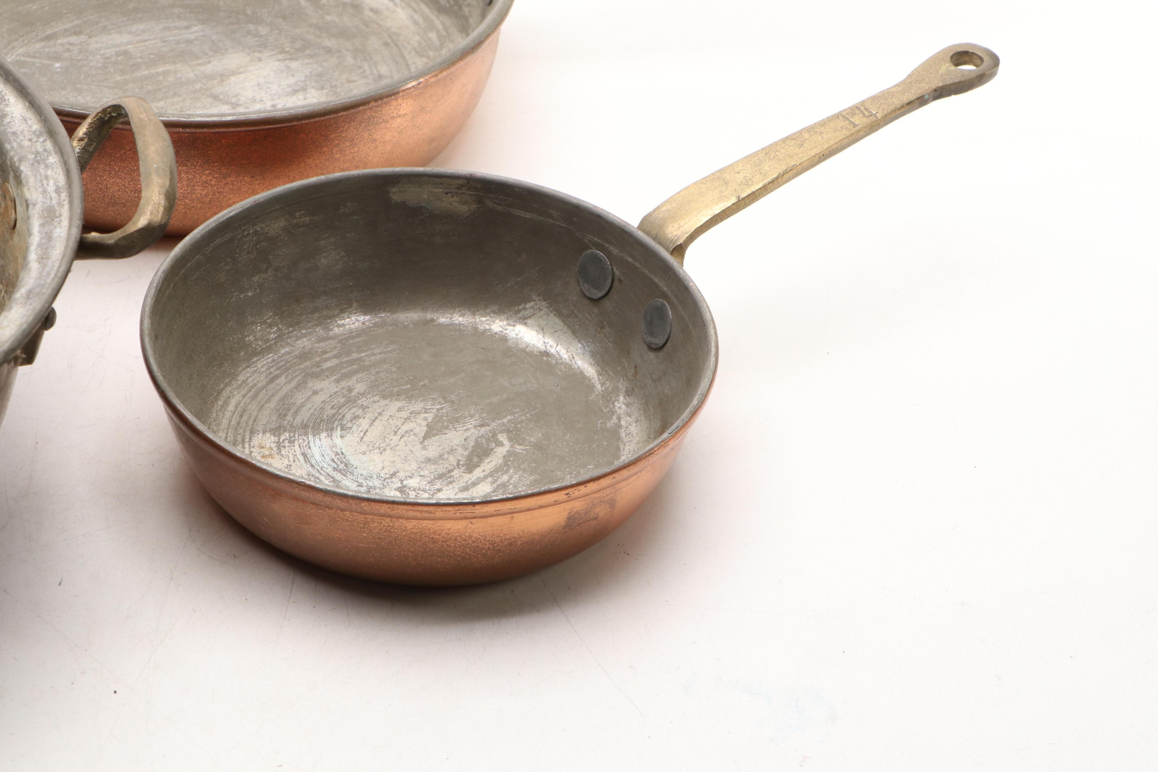 European Copper Pots and Pans with Brass Handles and Other Hammered Pot