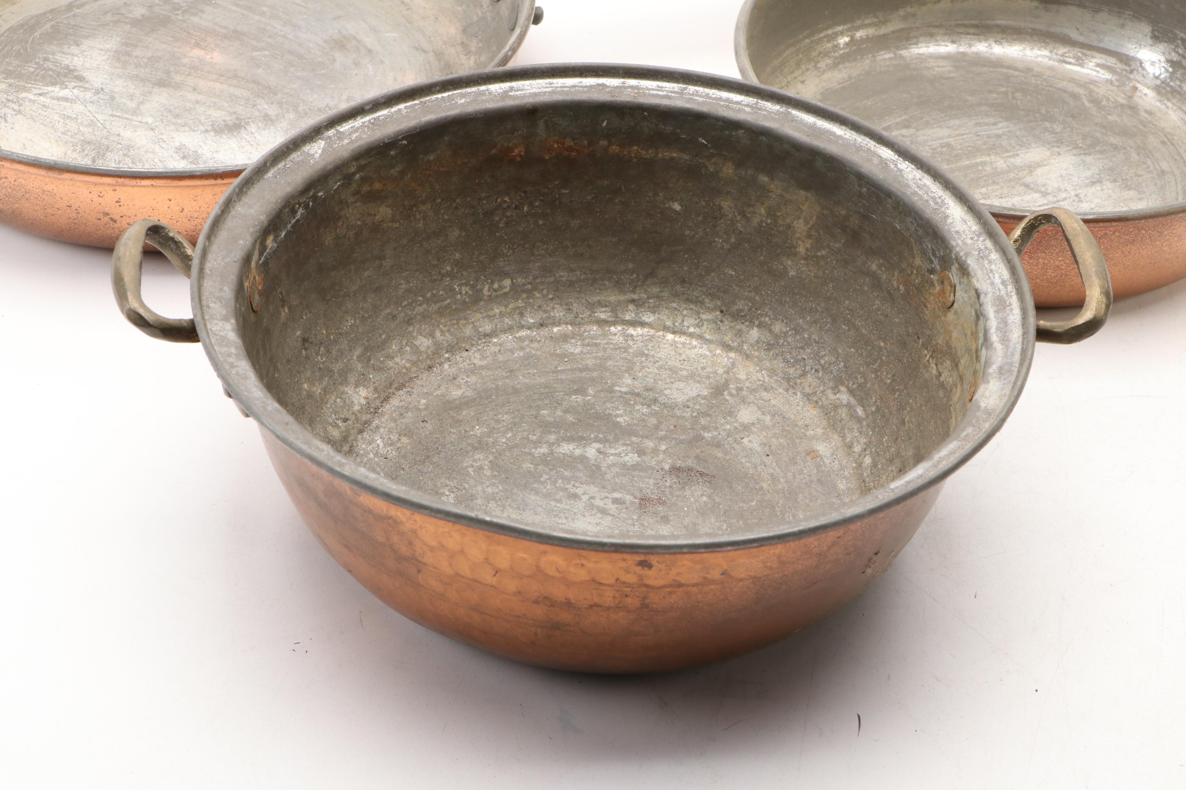 European Copper Pots and Pans with Brass Handles and Other Hammered Pot