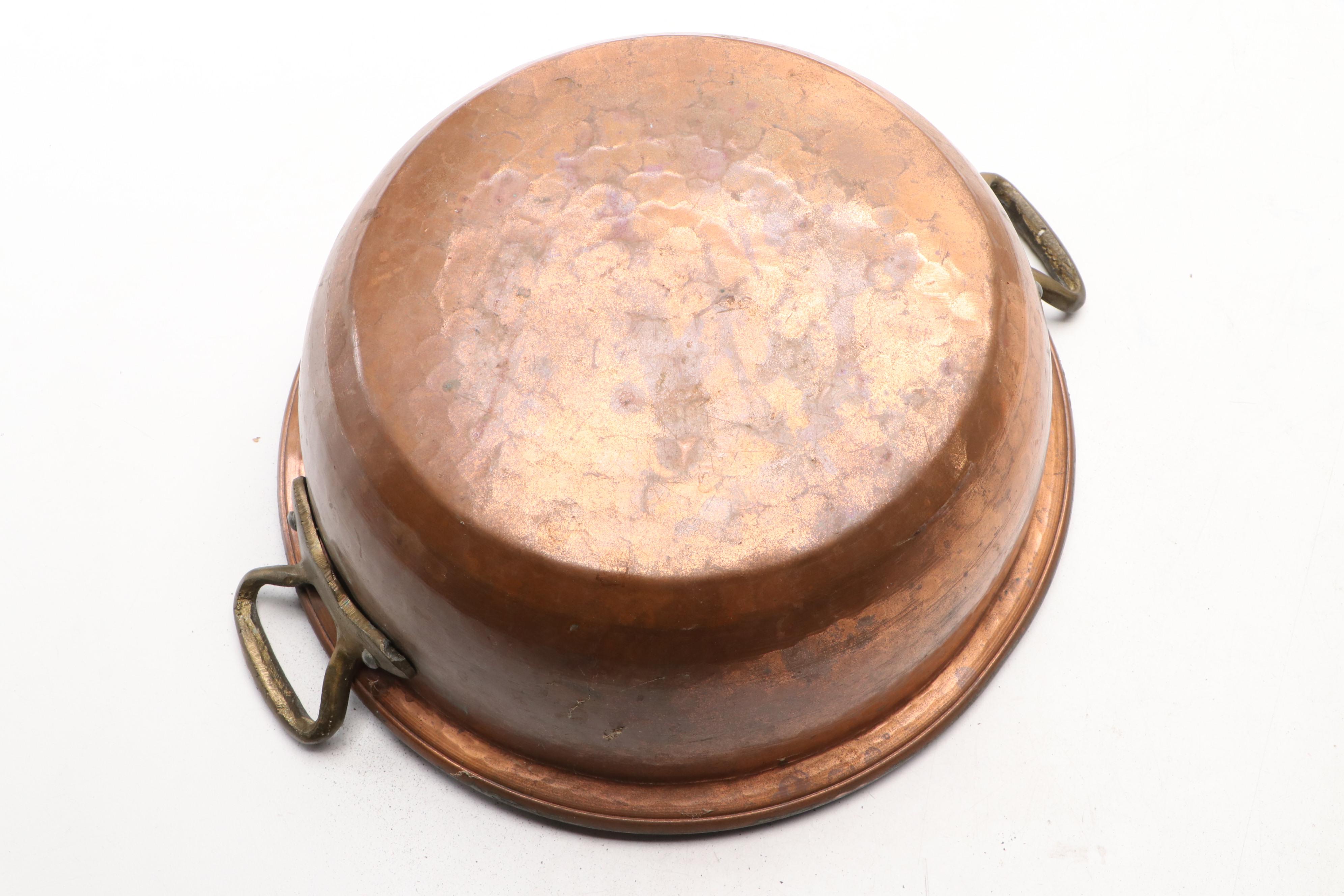 European Copper Pots and Pans with Brass Handles and Other Hammered Pot