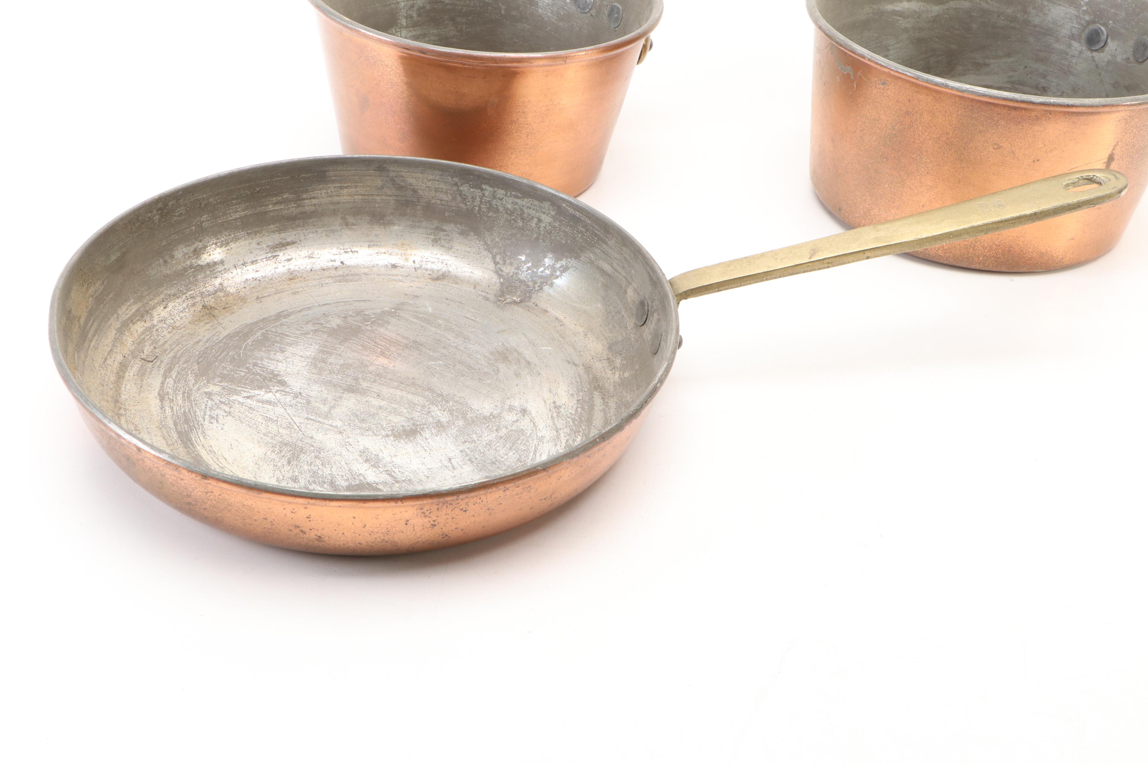 European Copper Pots and Pans with Brass Handles and Other Hammered Pot
