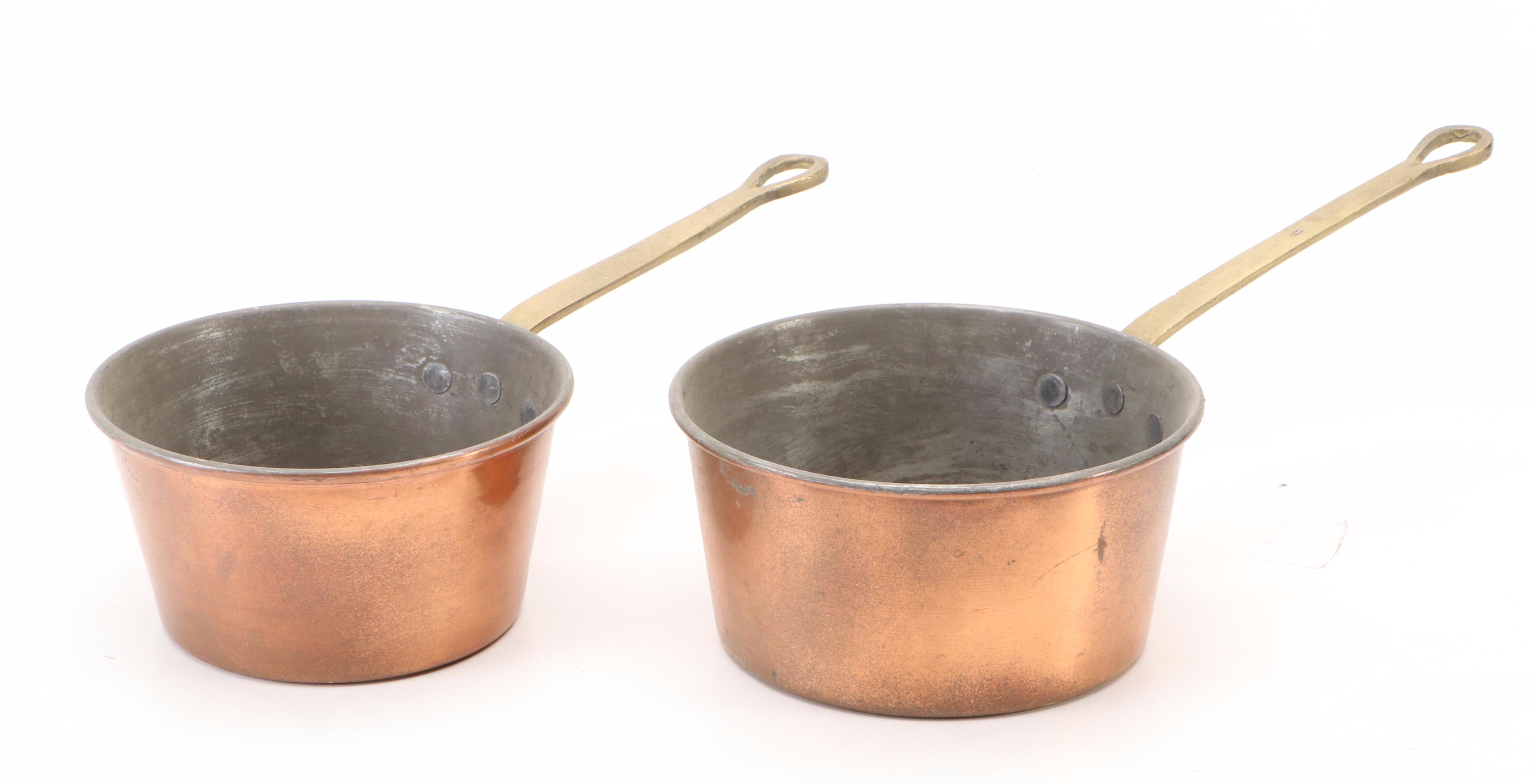 European Copper Pots and Pans with Brass Handles and Other Hammered Pot