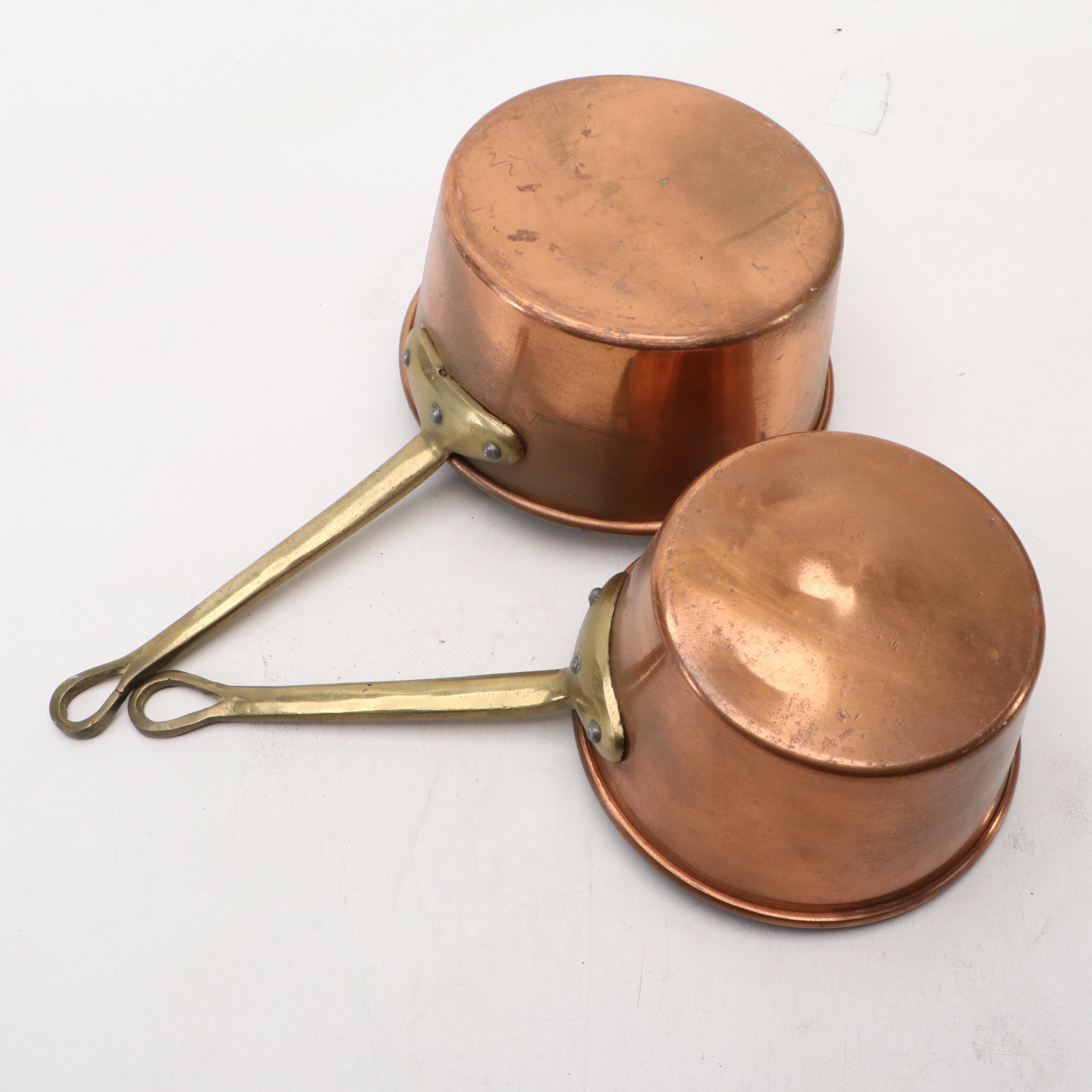 European Copper Pots and Pans with Brass Handles and Other Hammered Pot