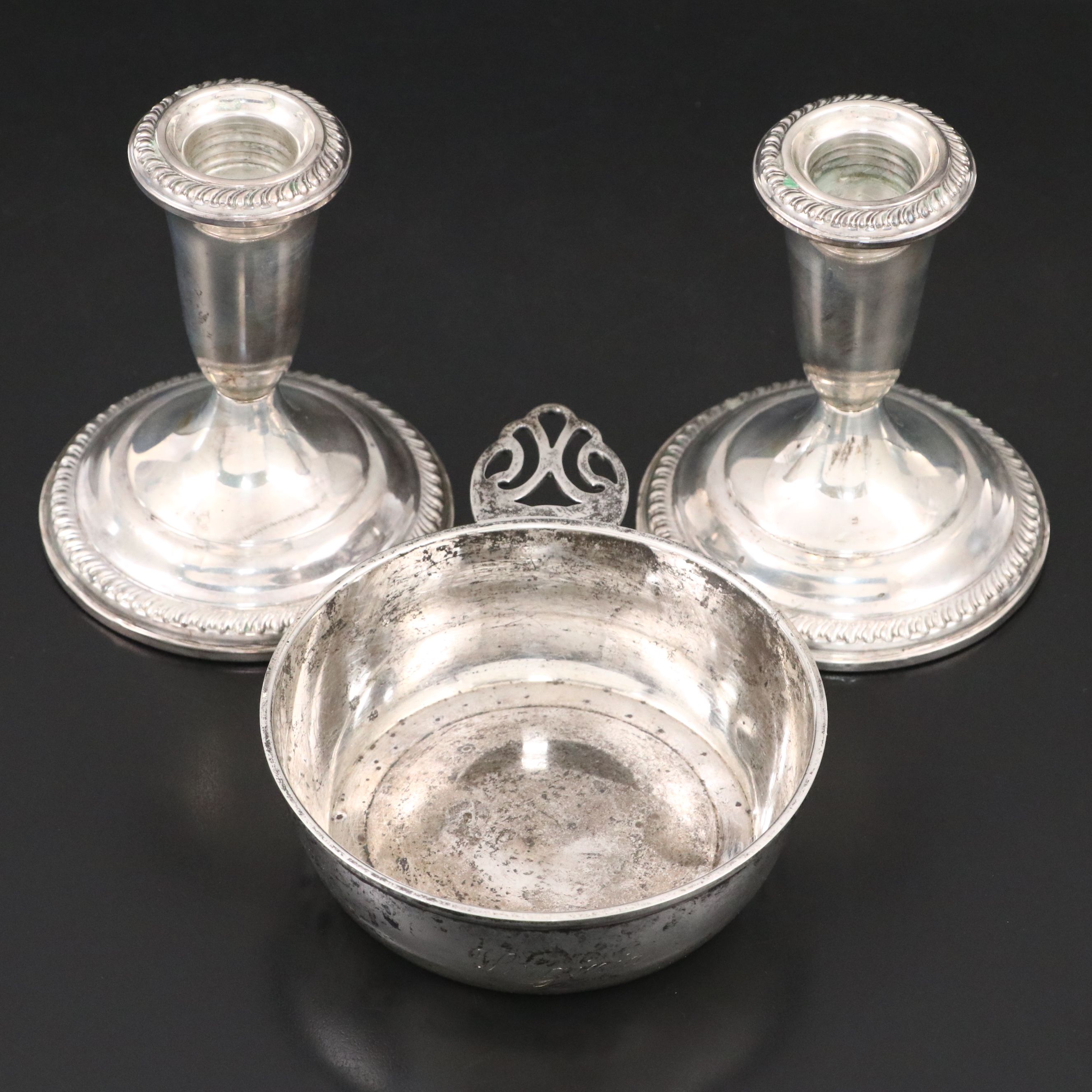 Stieff Sterling Porringer with Empire Weighted Sterling Candle Holders
