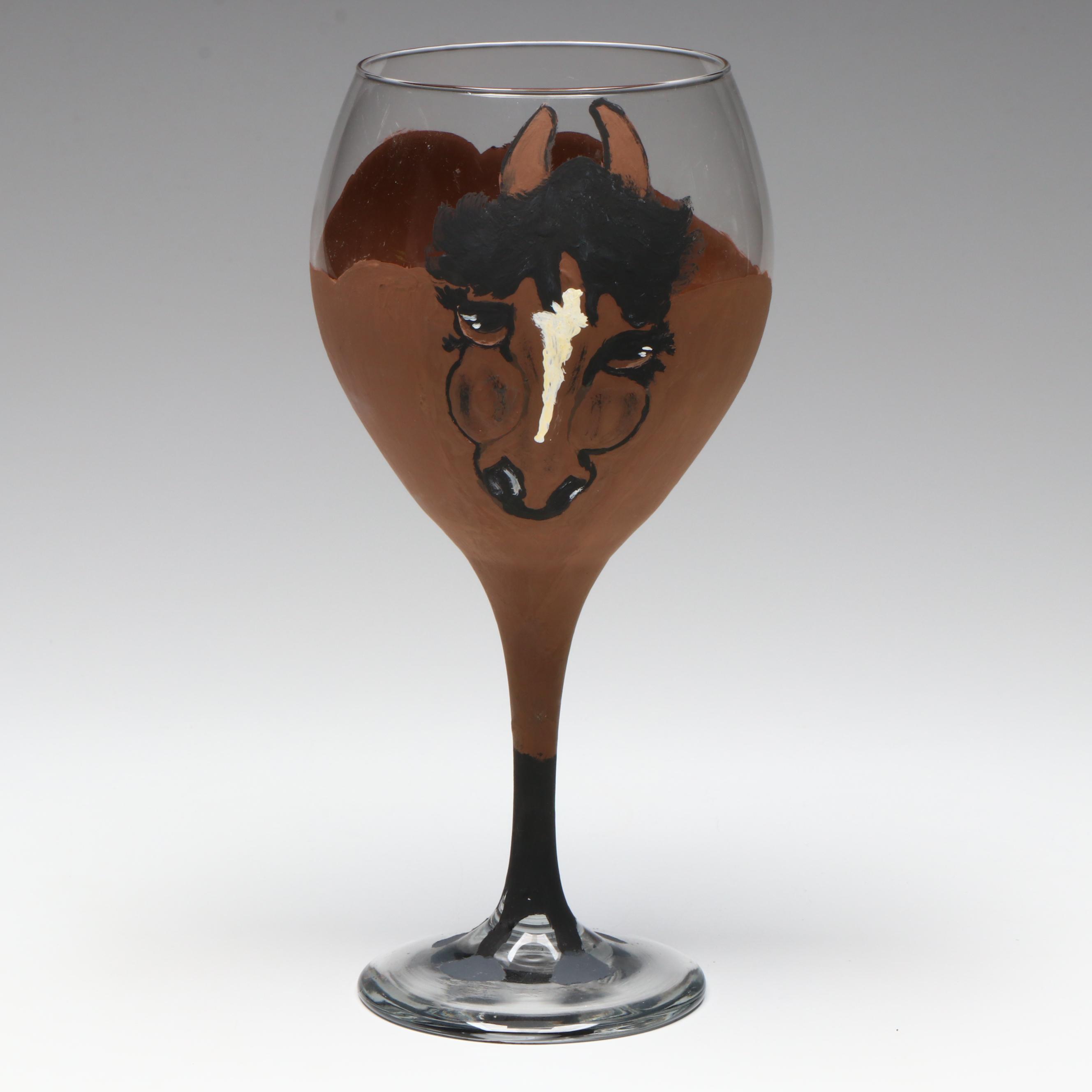Hand-Painted Bay Horse Wine Glass