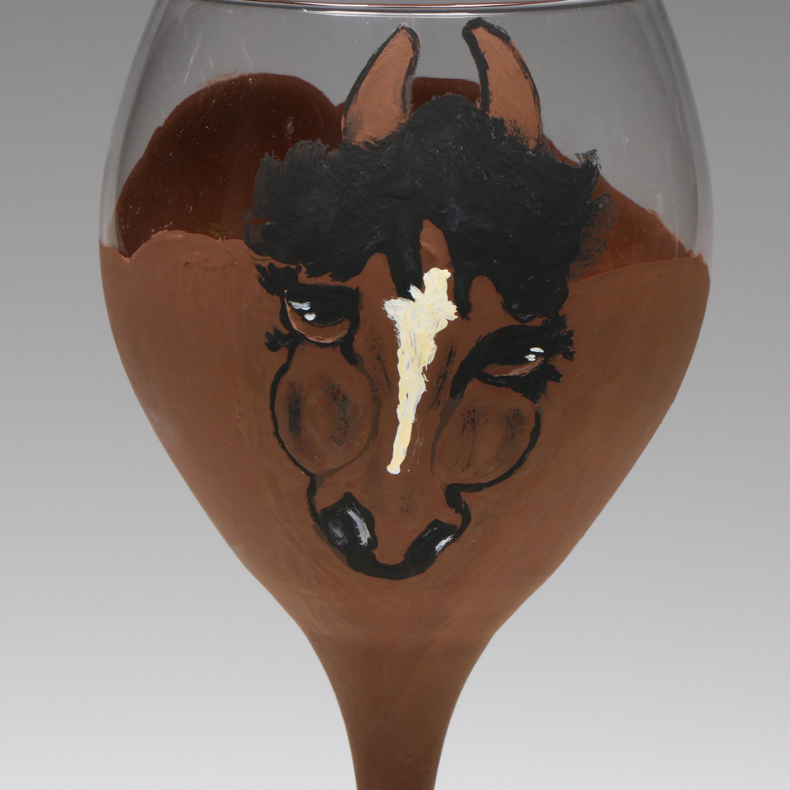 Hand-Painted Bay Horse Wine Glass