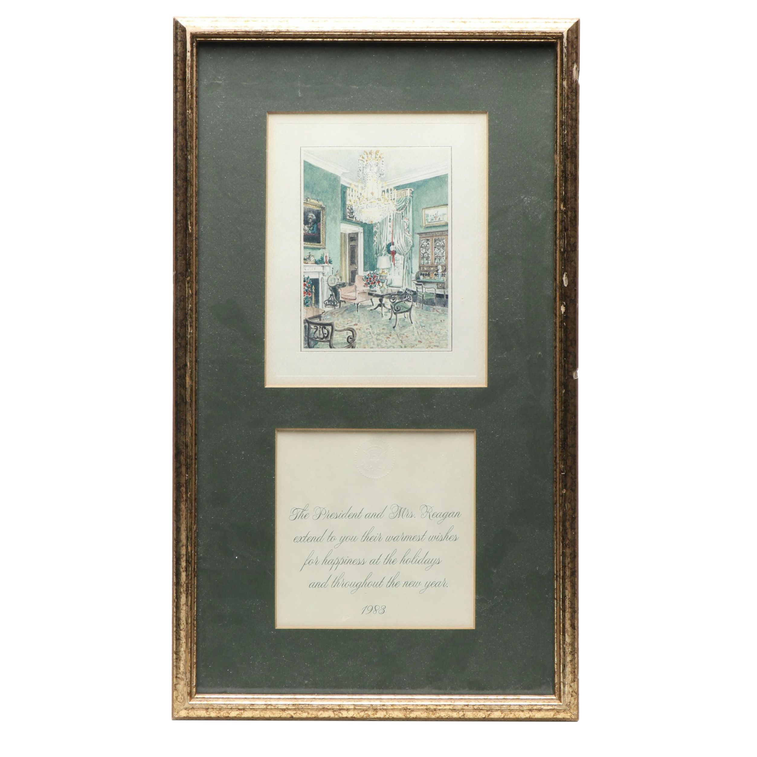 Framed Ronald Reagan Christmas Card with Offset Lithograph, 1983