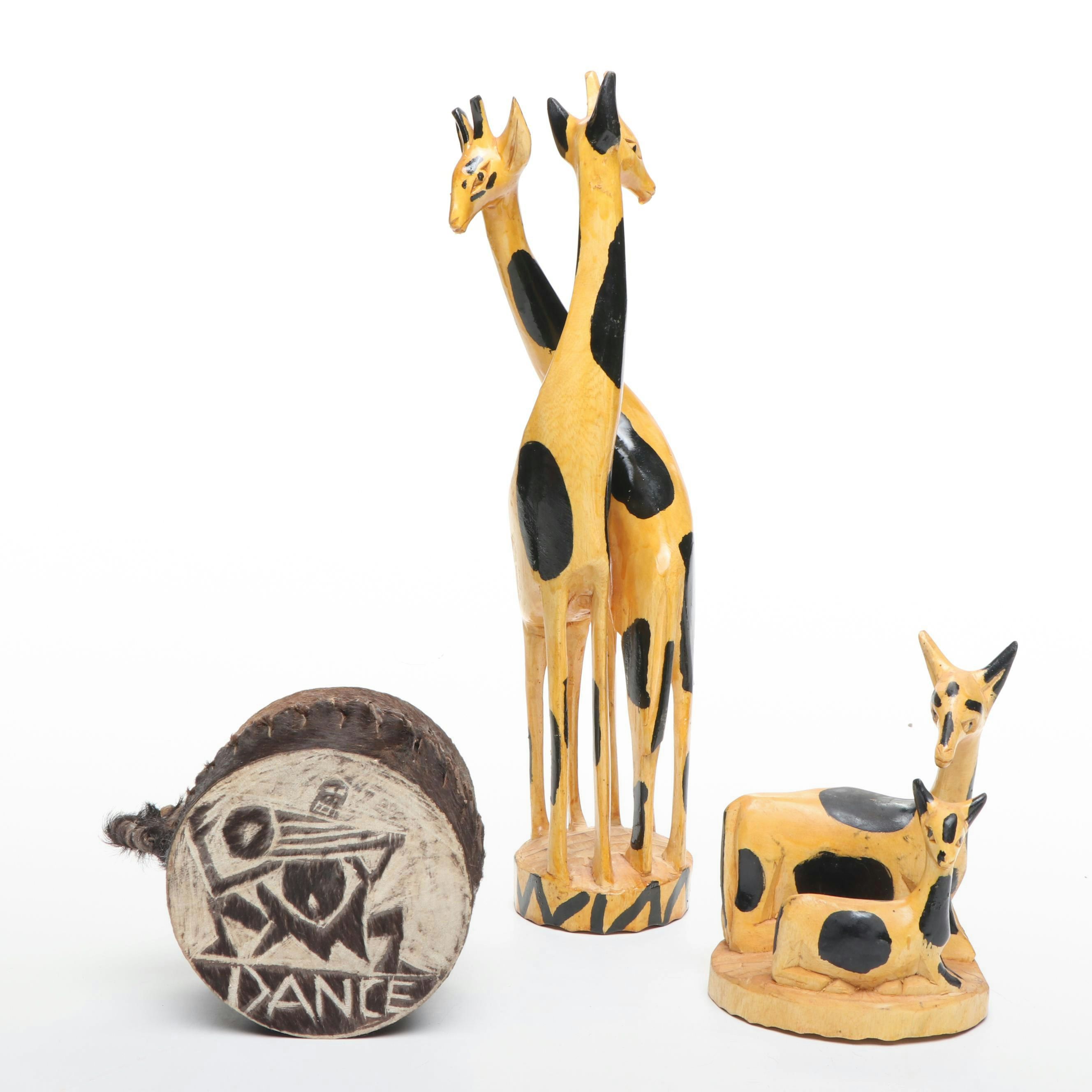 African Carved Wood Giraffes and Antelope with Hide Wrapped Metal Hand Drum