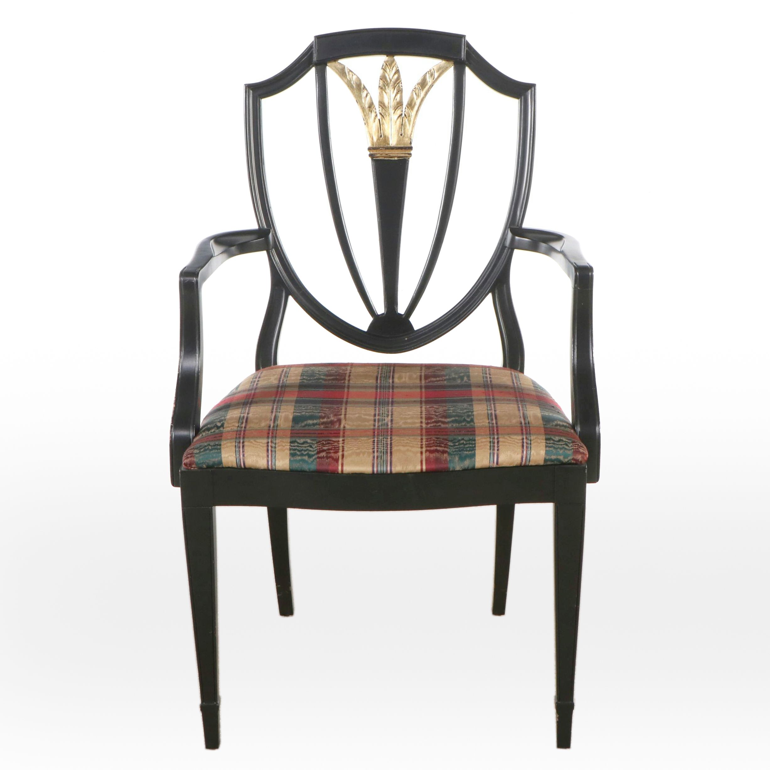 Sheraton Style Gilt-Accented Black-Painted Wood Shield-Back Armchair, 20th C.