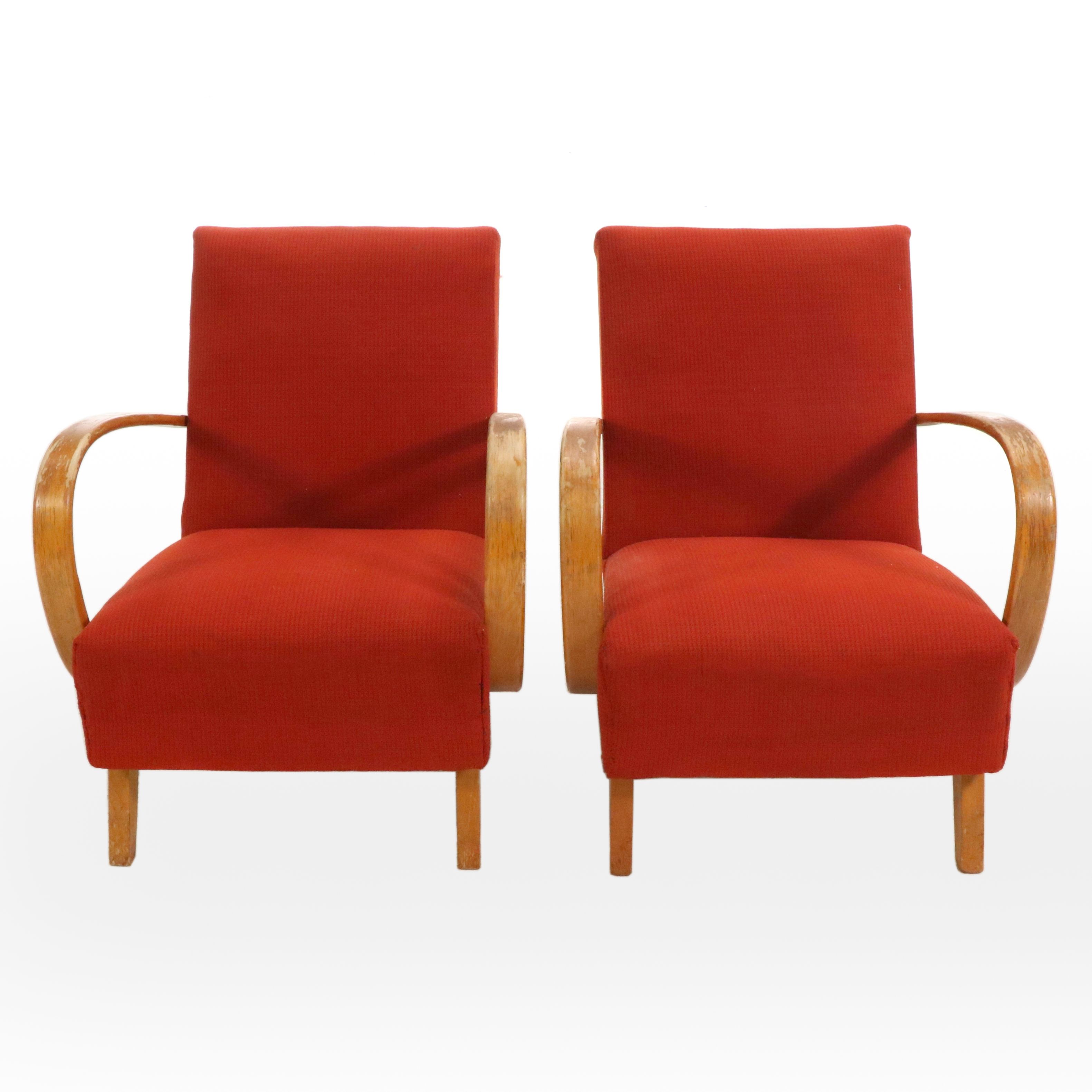 Pair of Red Fabric Upholstered Bent Wood Armchairs, Manner of Jindřich Halabala