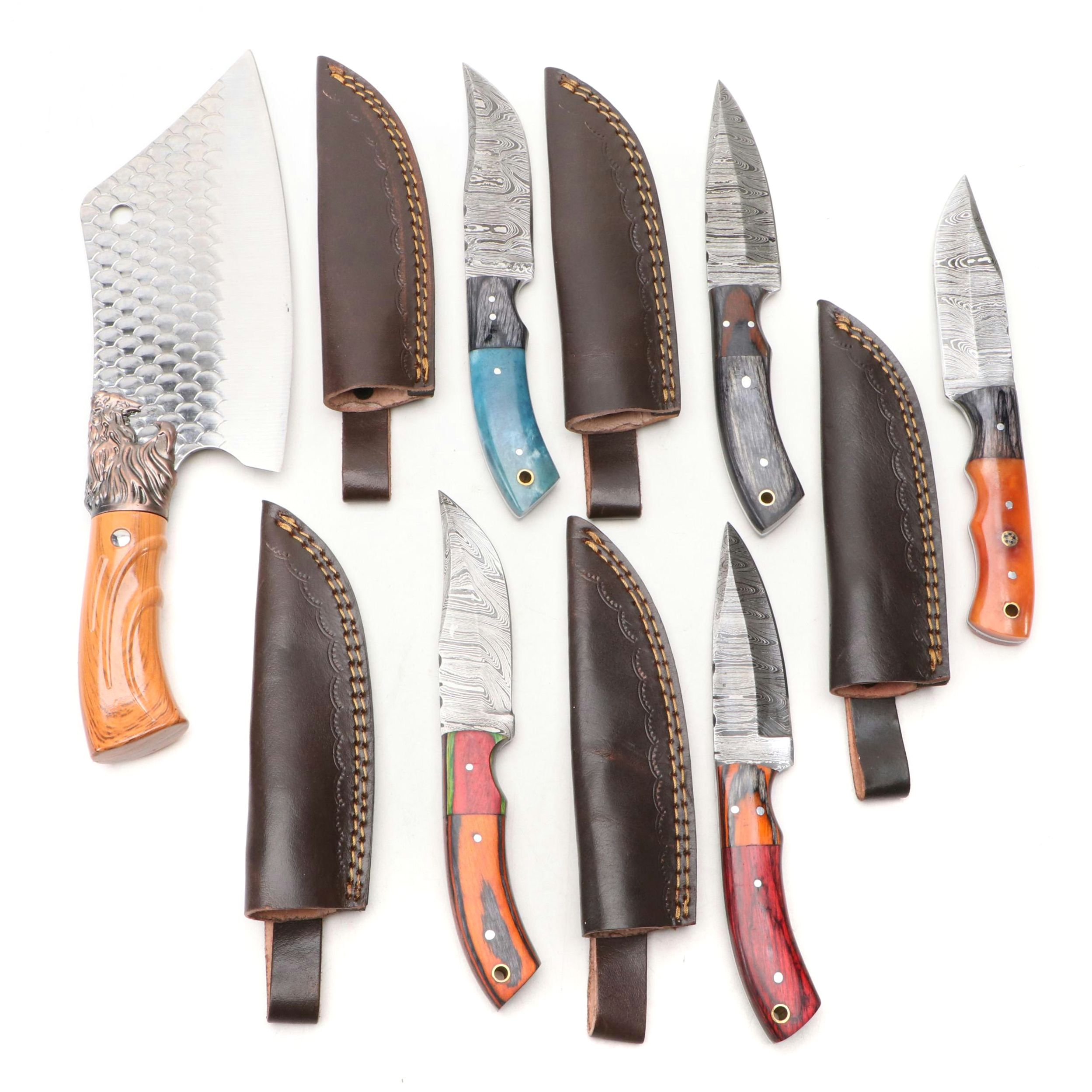 Damascus Steel and Wooden Handled Hunting Knives with Cleaver