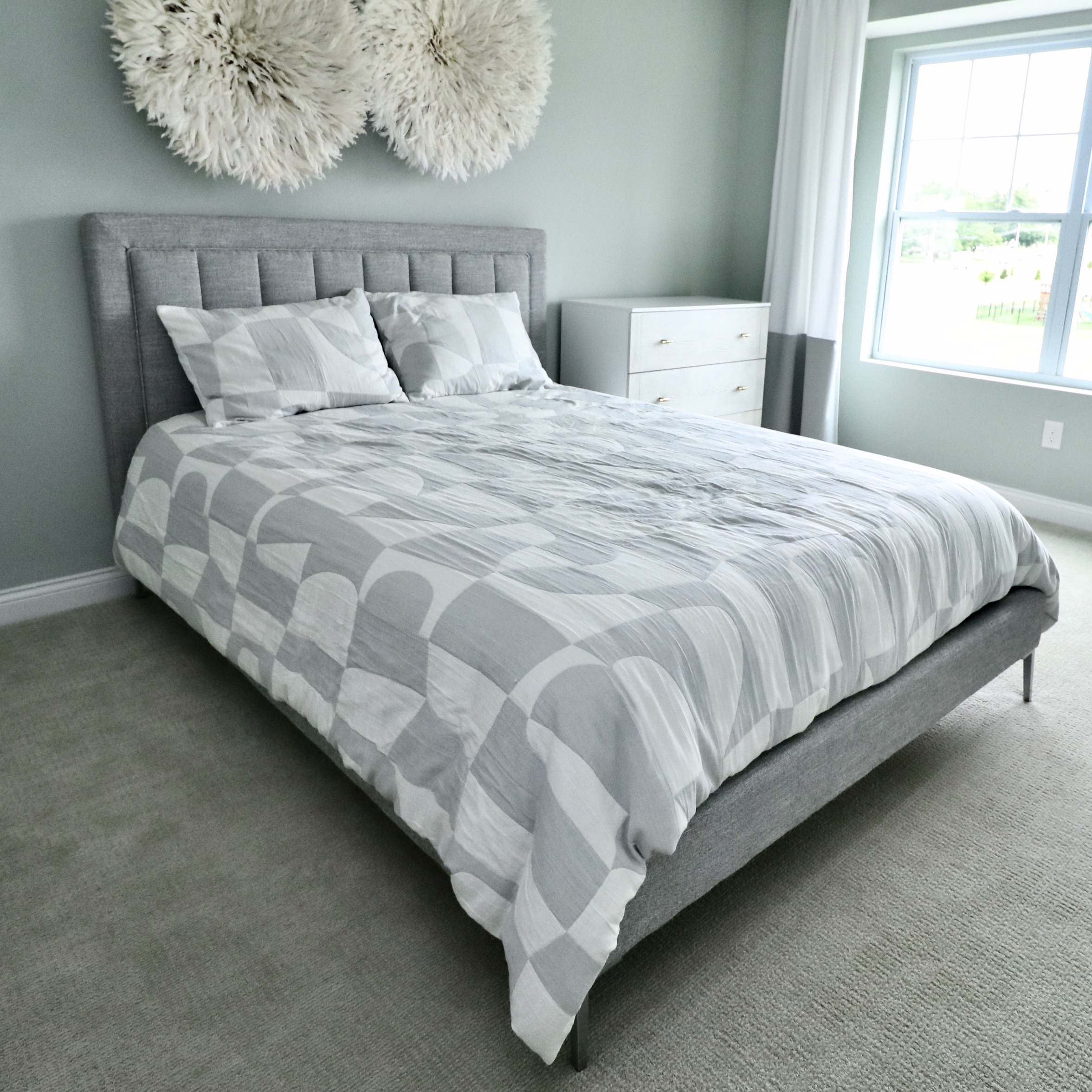 Queen Gray Channel Upholstered Headboard and Padded Platform Bed and Mattress