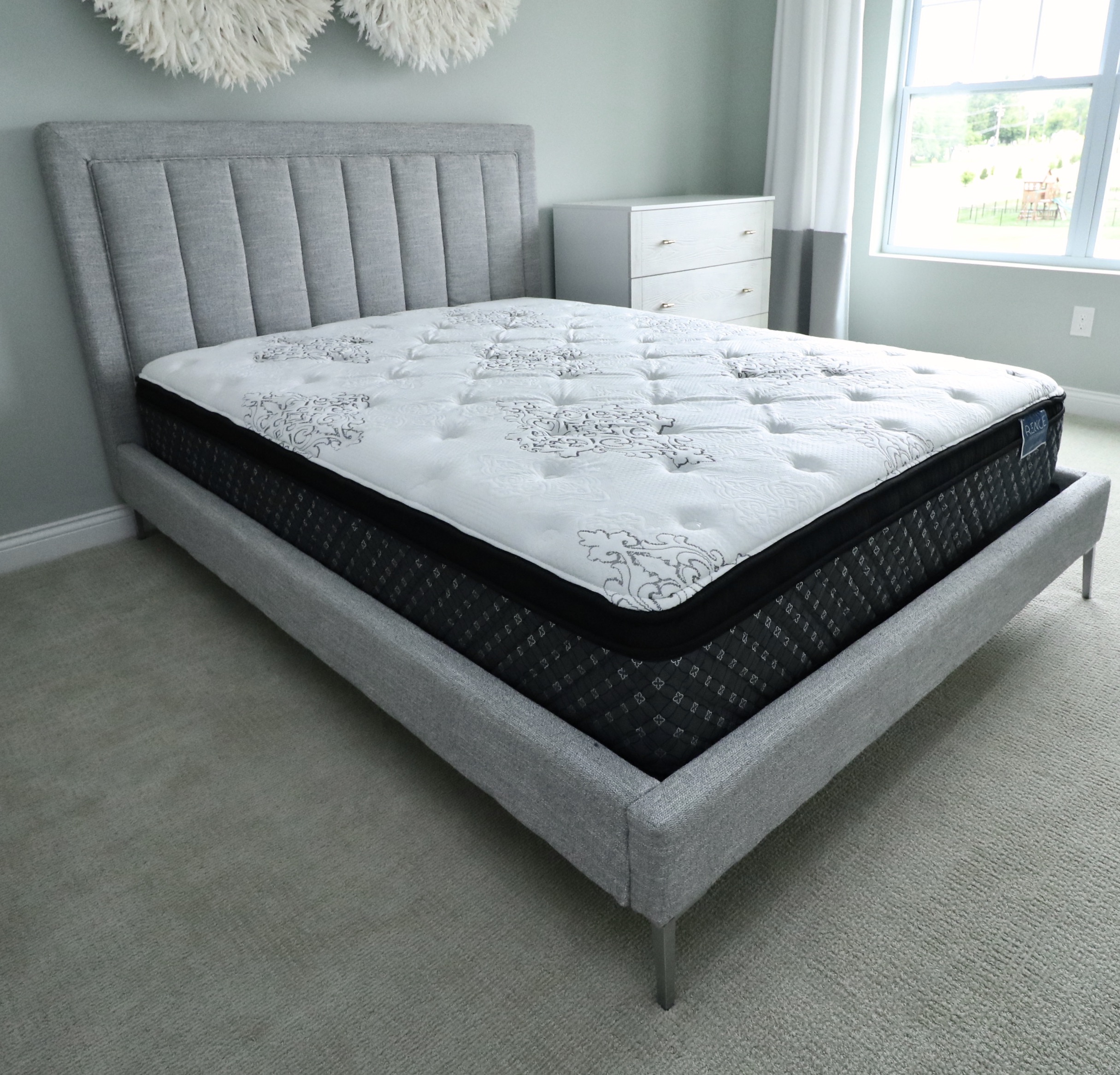 Queen Gray Channel Upholstered Headboard and Padded Platform Bed and Mattress