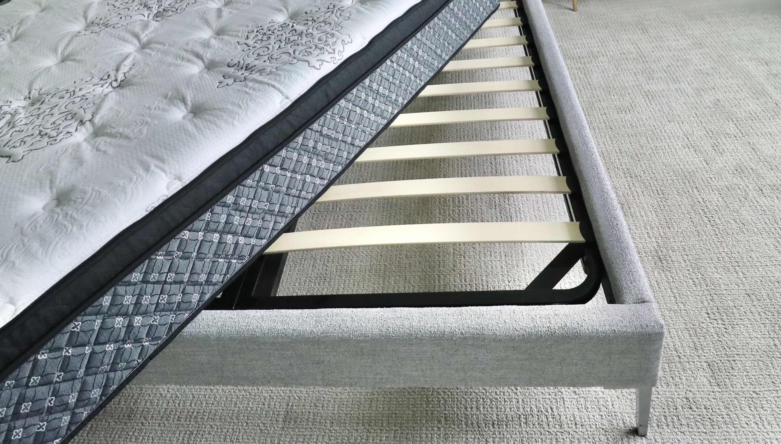 Queen Gray Channel Upholstered Headboard and Padded Platform Bed and Mattress