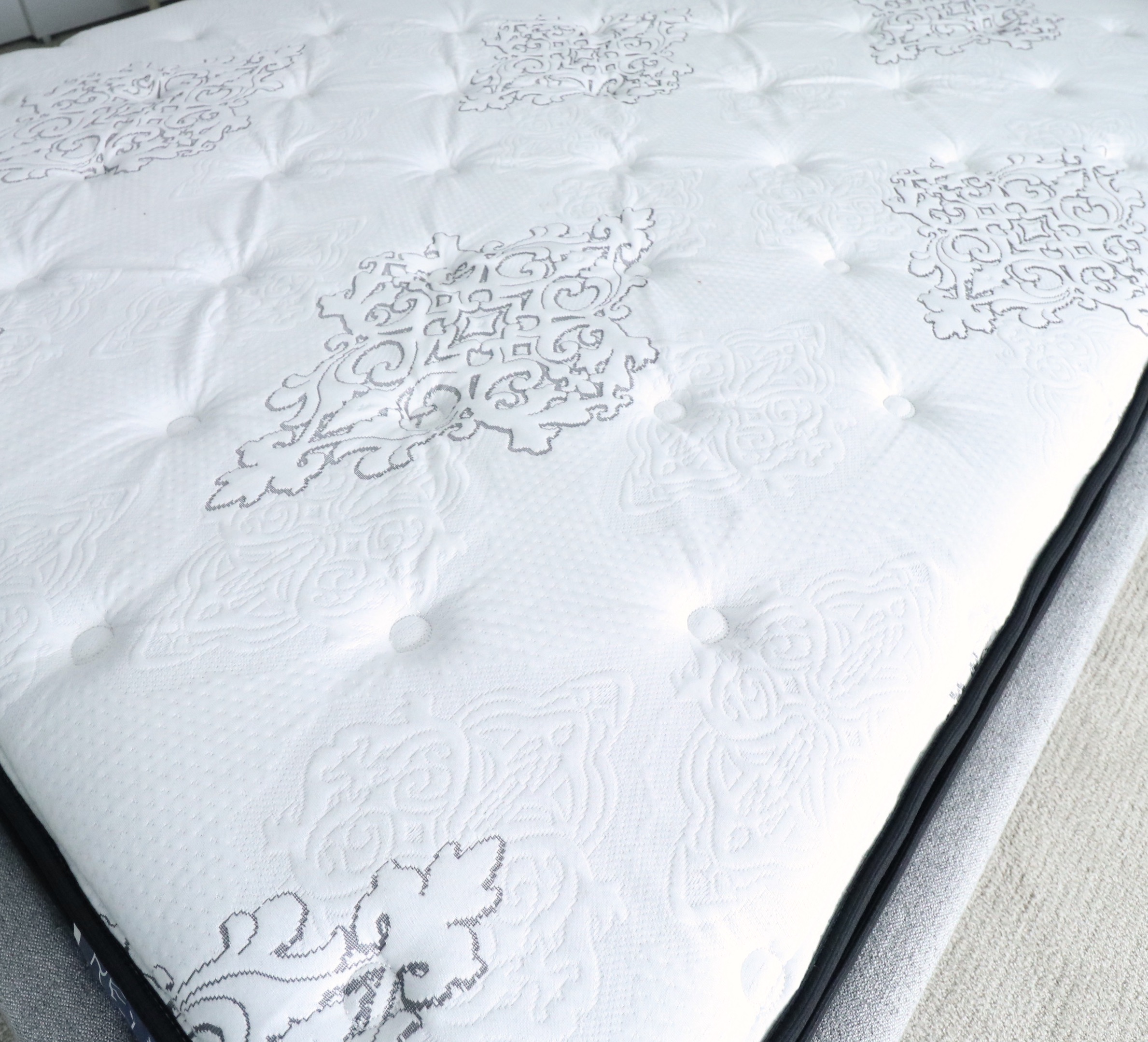 Queen Gray Channel Upholstered Headboard and Padded Platform Bed and Mattress