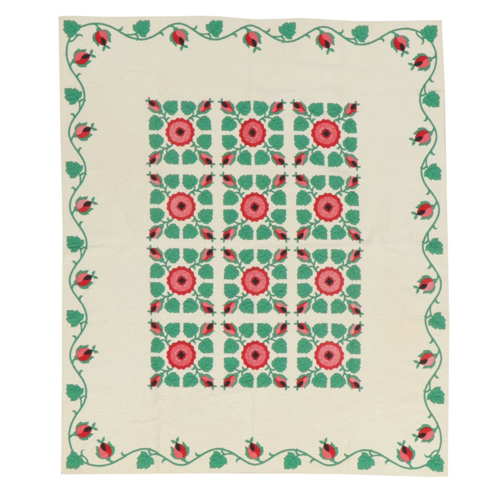 Hand-Pieced "Rose of Sharon" Applique Quilt, Mid to Late 20th Century
