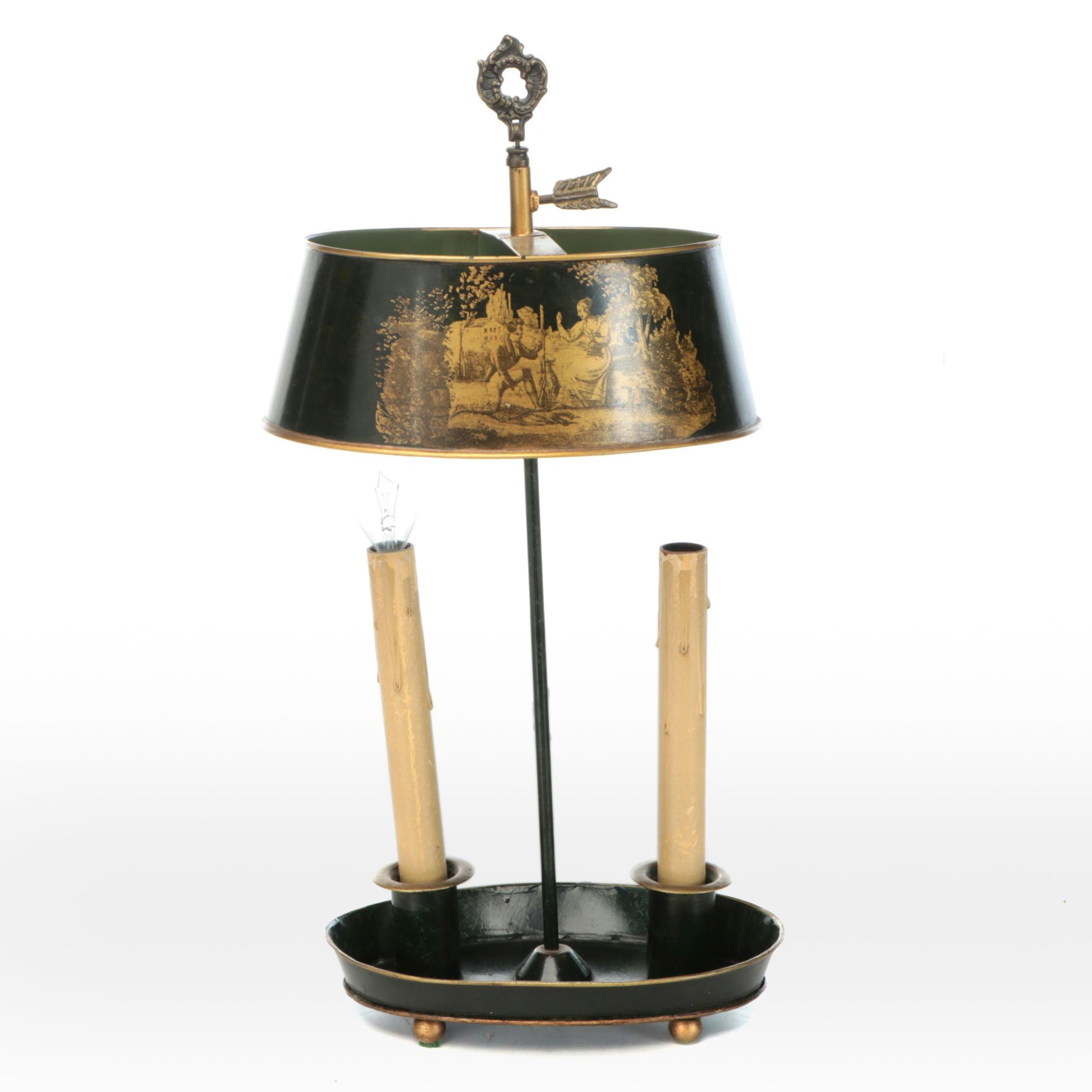 French Empire Style Green and Gold Finish Metal Table Lamp