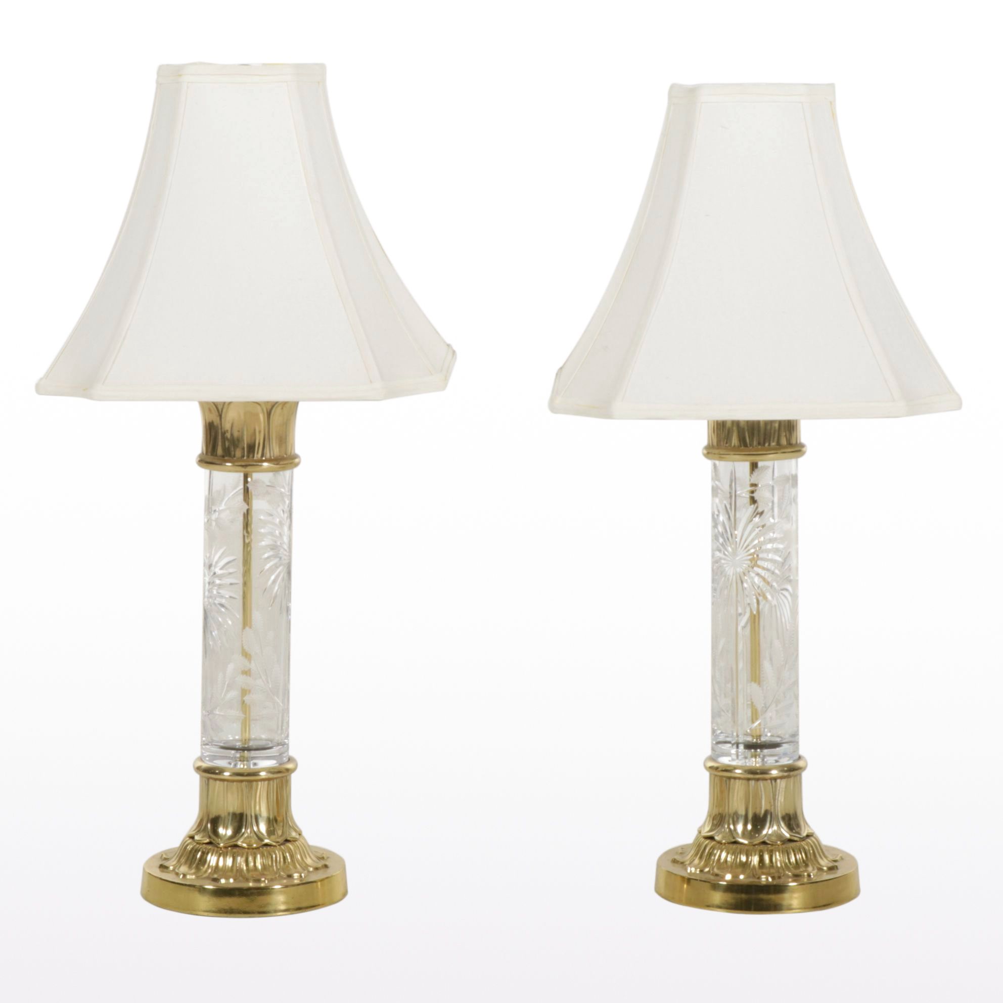 Pair of Etched Glass and Brass Table Lamps with Silk Shades, Late 20th Century