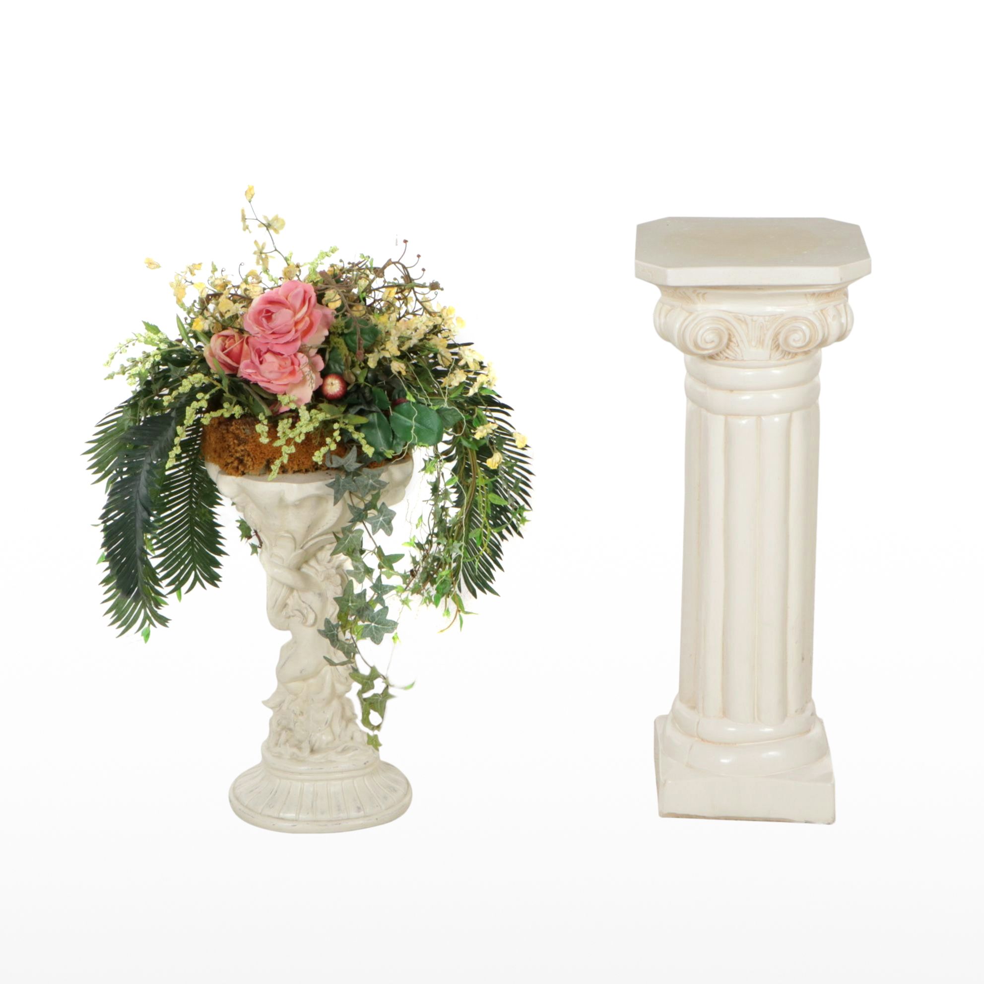 Pedestal Column Plant Stand and Faux Plant