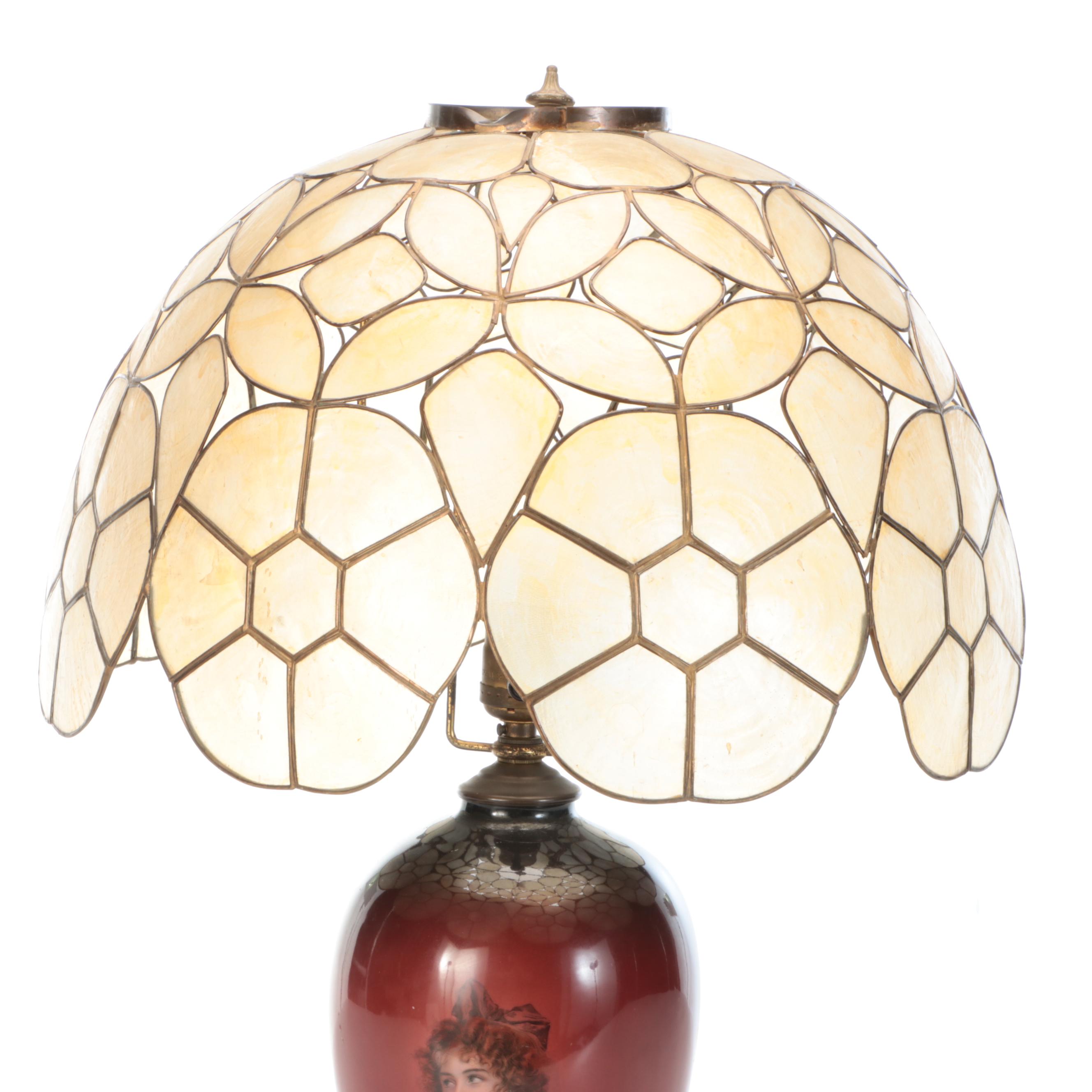 American Warwick Hand-Painted Portrait Vase with Vintage Capiz Shell Shade