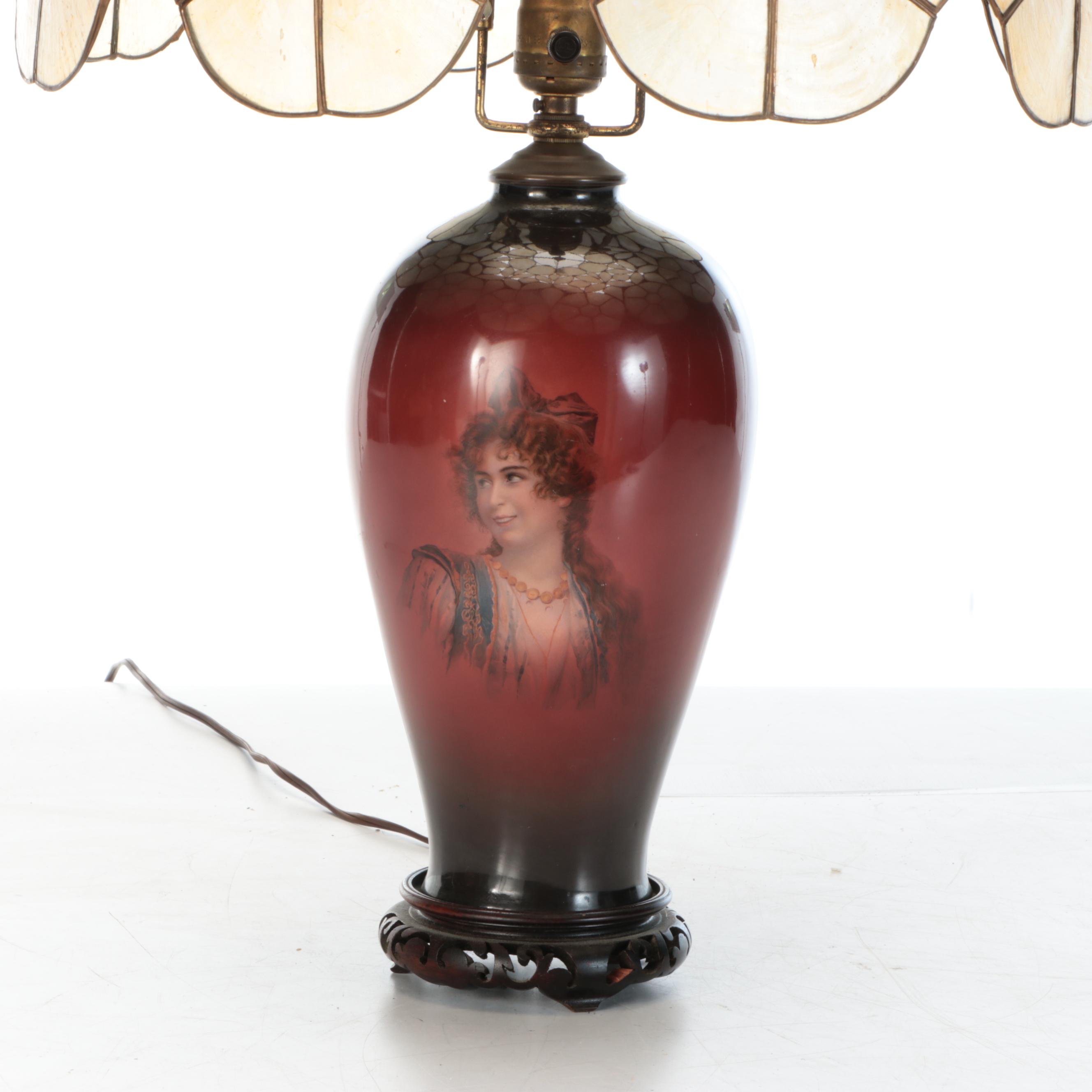 American Warwick Hand-Painted Portrait Vase with Vintage Capiz Shell Shade