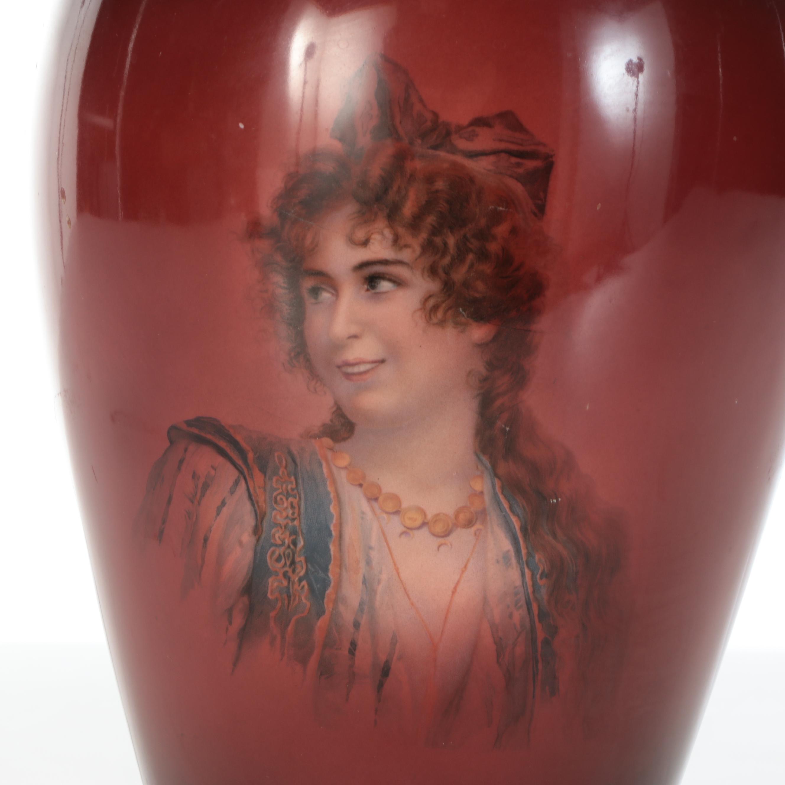 American Warwick Hand-Painted Portrait Vase with Vintage Capiz Shell Shade