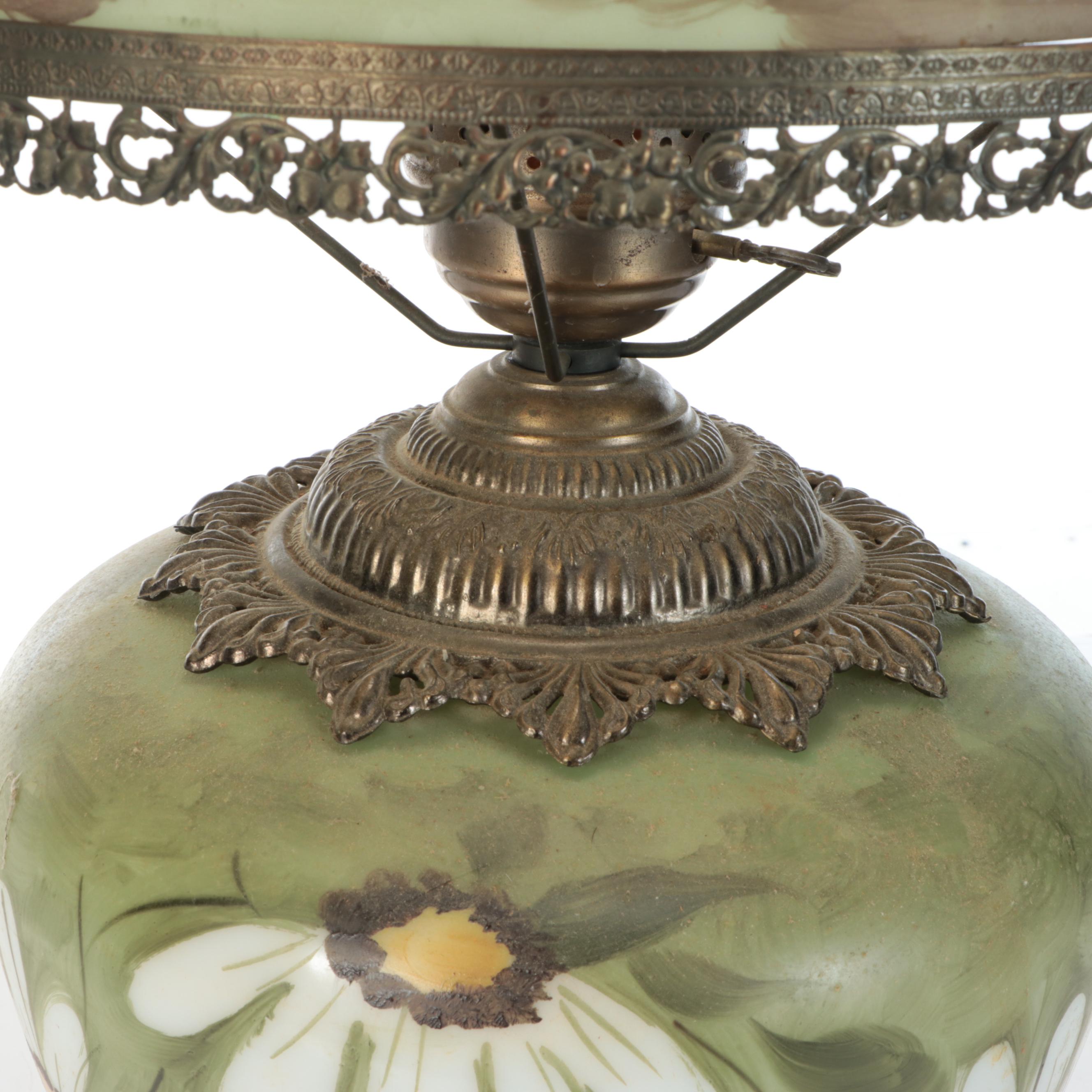Late Victorian Hobbyist Hand-Painted Glass Parlor Lamp