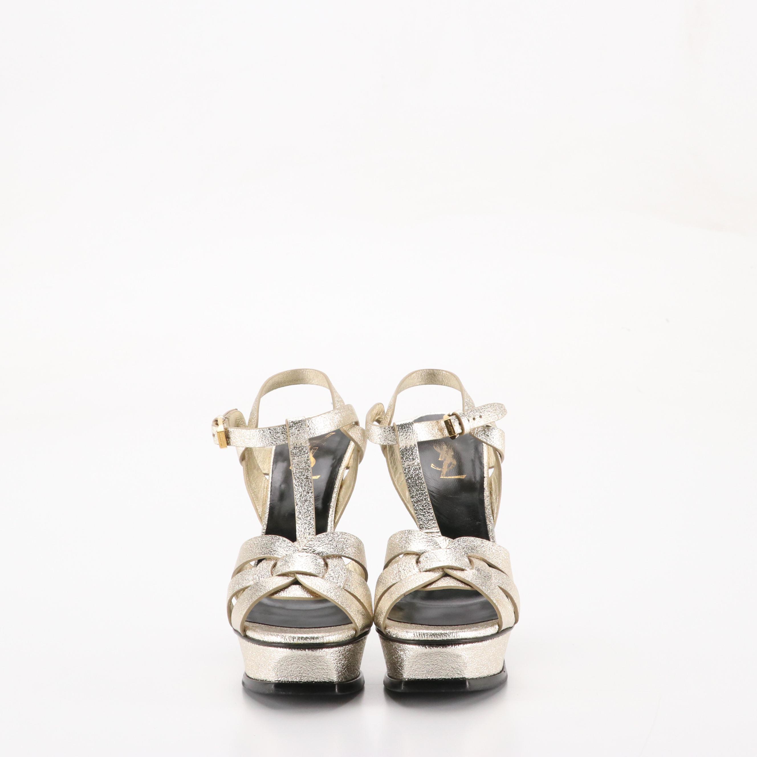 Saint Laurent Tribute Platform Pumps in Metallic Silver Grained Calfskin Leather