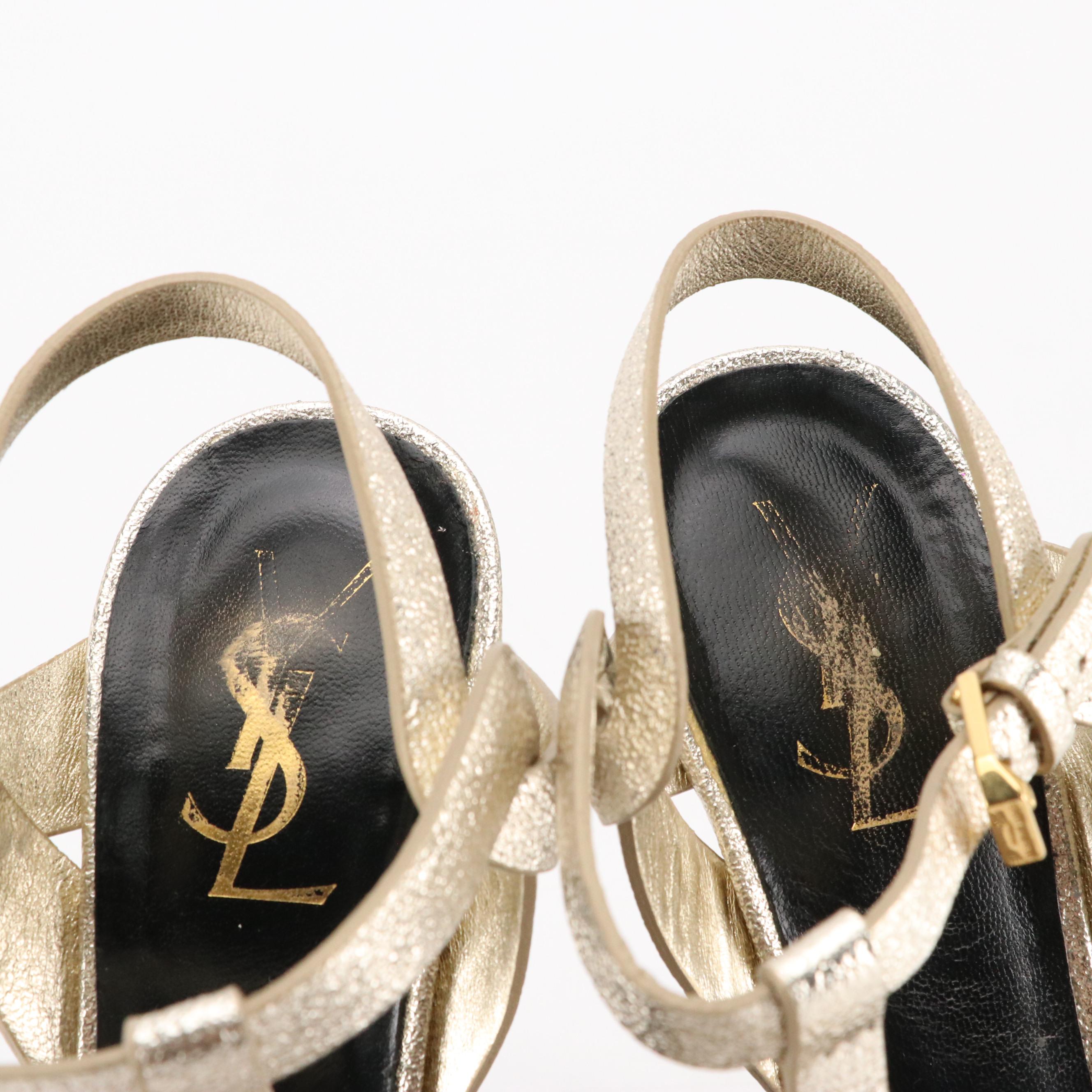 Saint Laurent Tribute Platform Pumps in Metallic Silver Grained Calfskin Leather