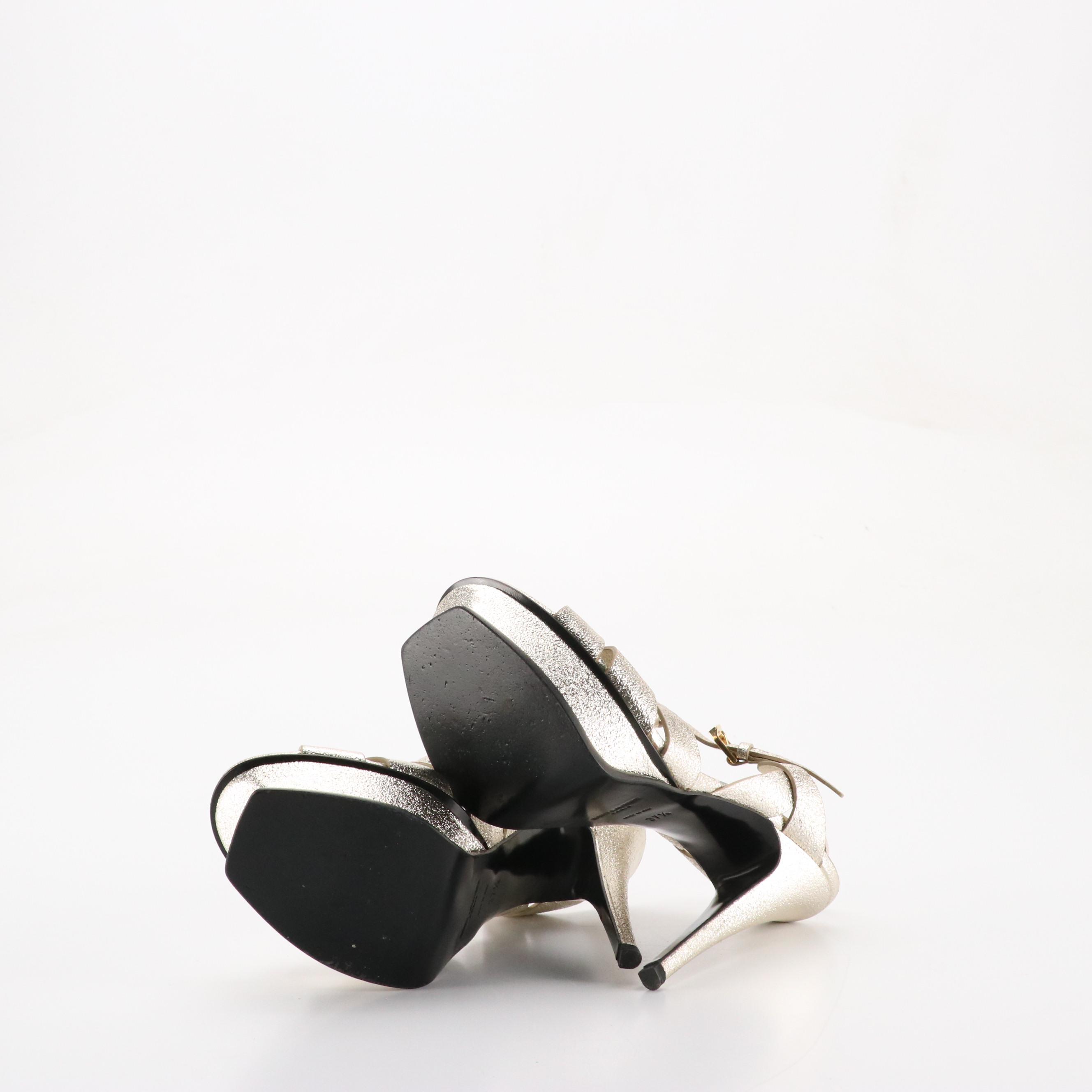 Saint Laurent Tribute Platform Pumps in Metallic Silver Grained Calfskin Leather