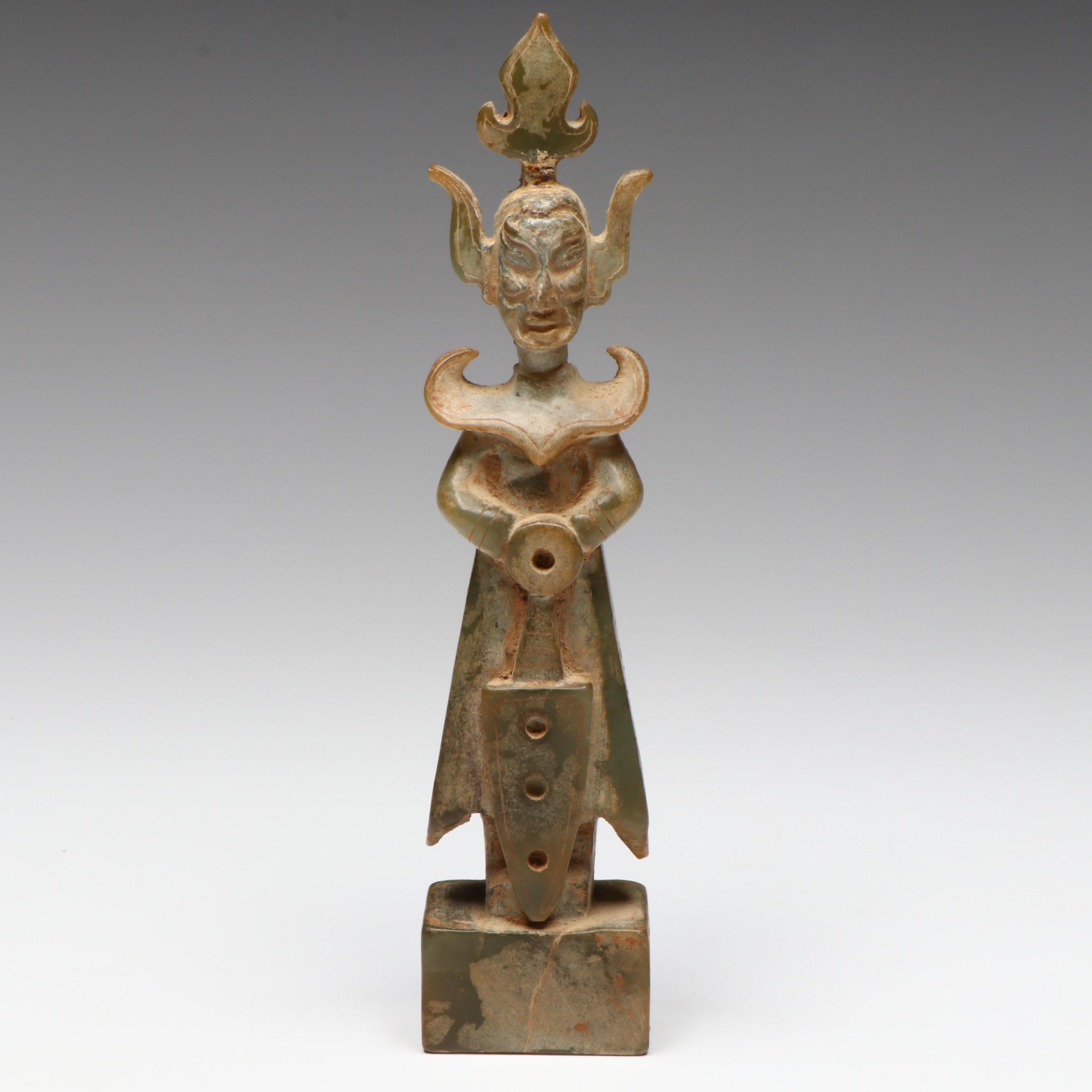 Sanxingdui Style Hand-Carved Serpentine Figure Standing on Dais