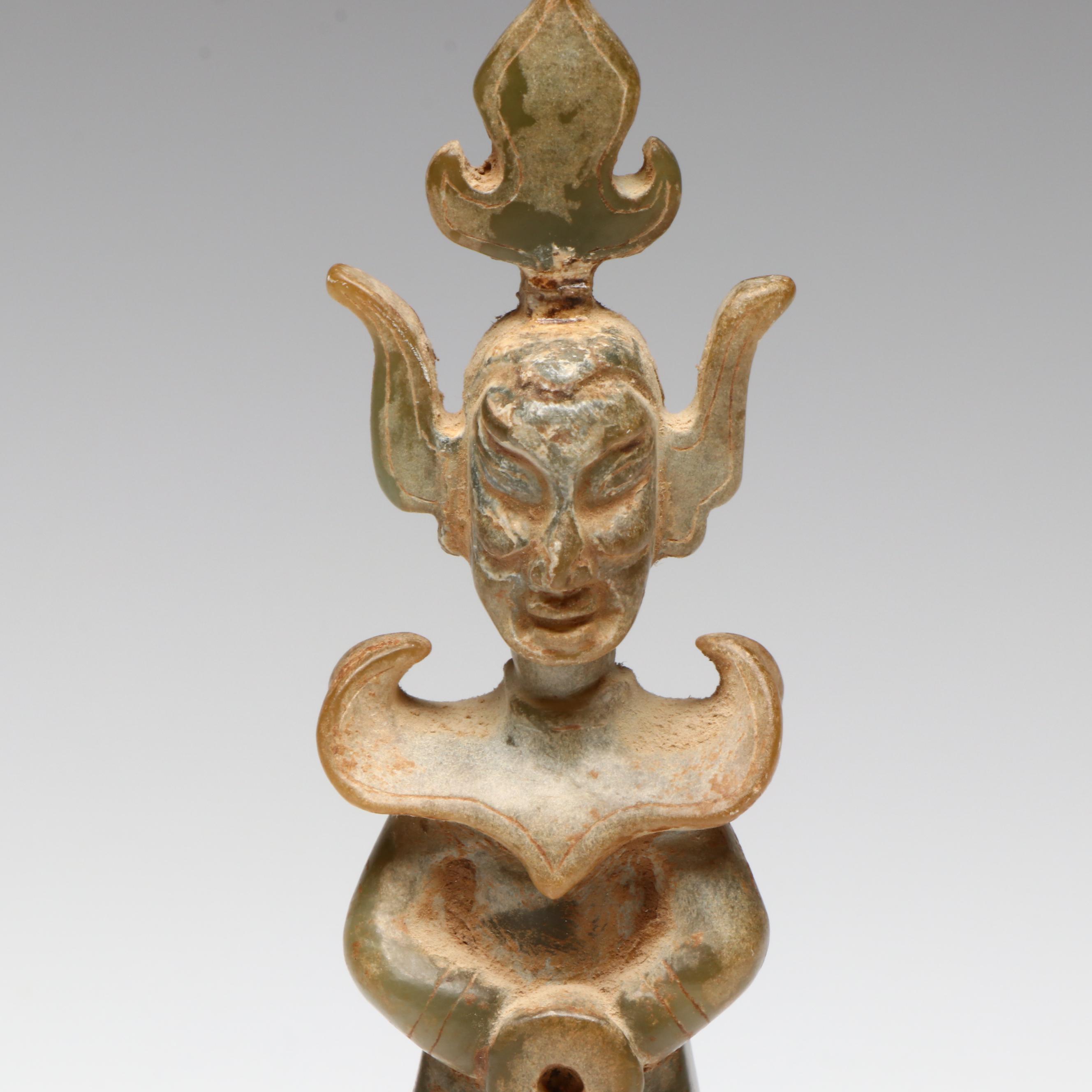 Sanxingdui Style Hand-Carved Serpentine Figure Standing on Dais