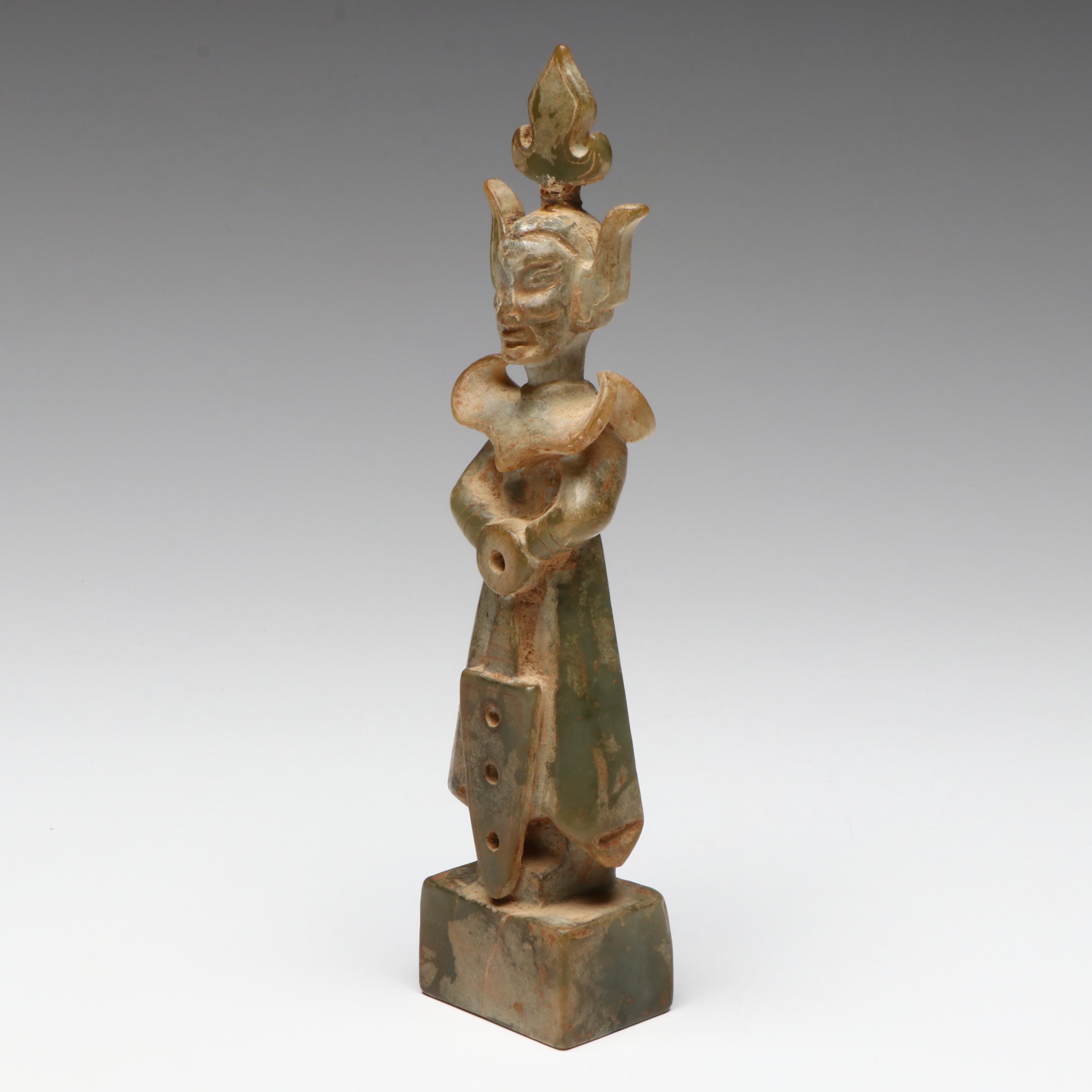 Sanxingdui Style Hand-Carved Serpentine Figure Standing on Dais