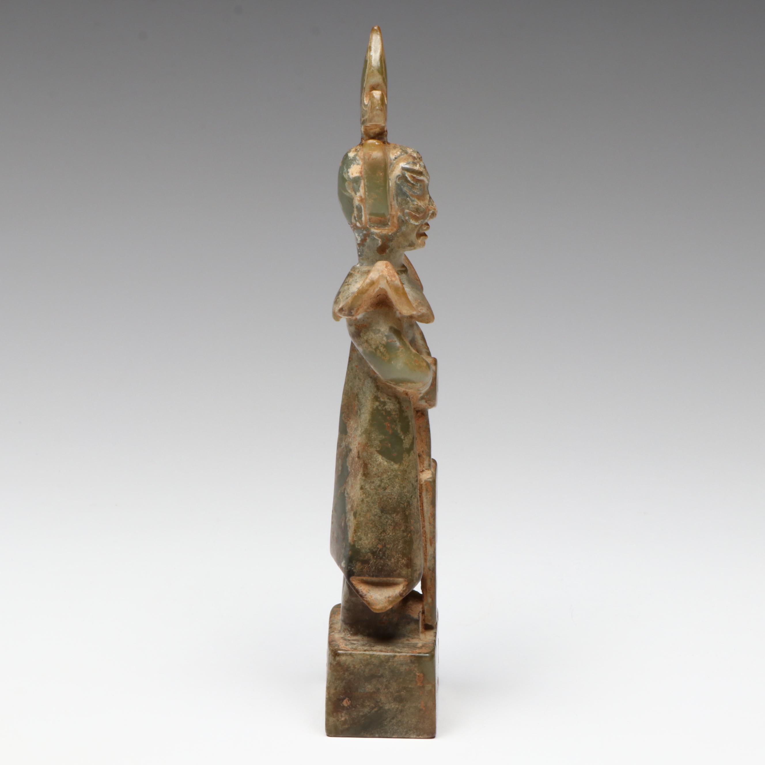 Sanxingdui Style Hand-Carved Serpentine Figure Standing on Dais