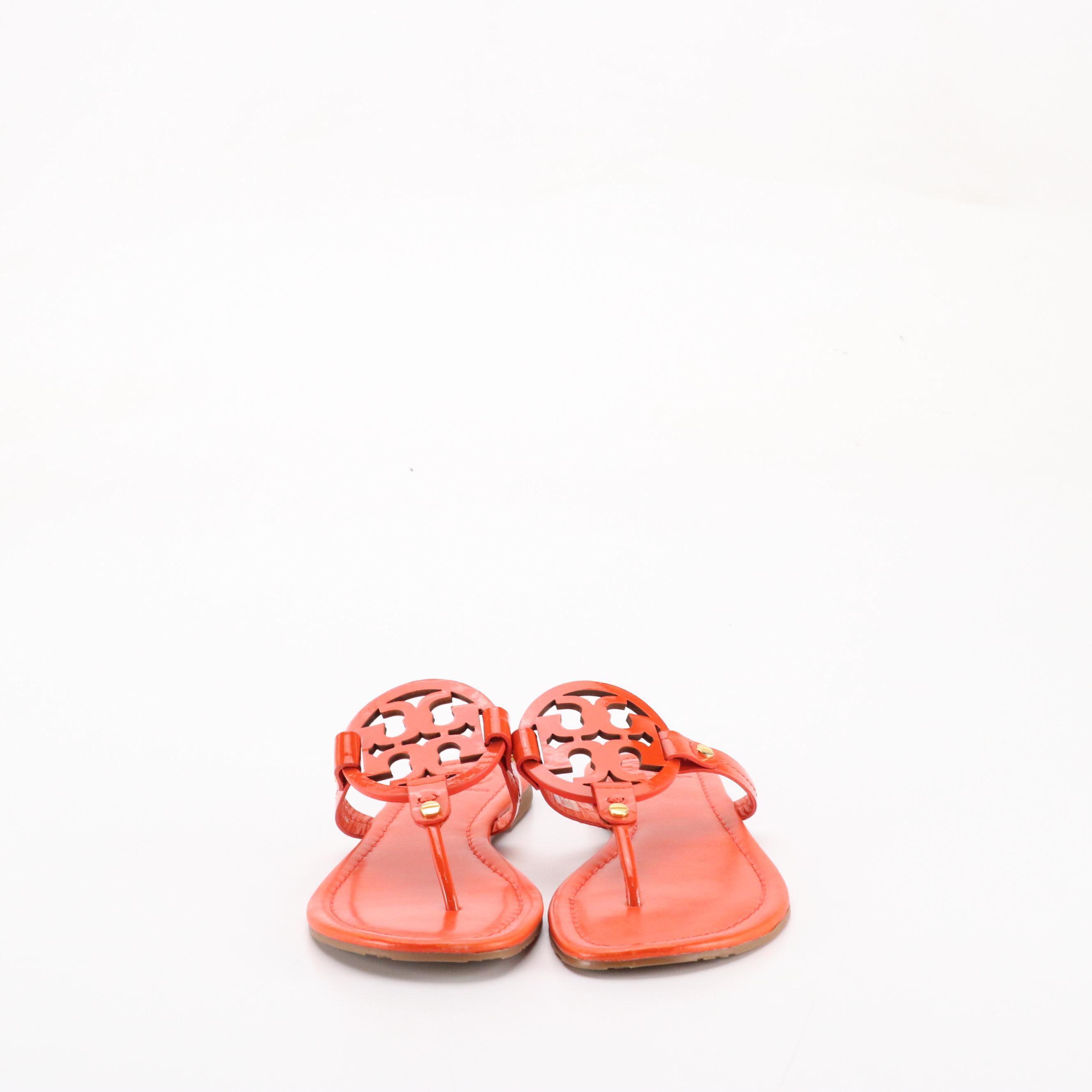 Tory Burch Metallic Gold & Orange Patent Leather Miller Sandals, Pink Flip-Flops