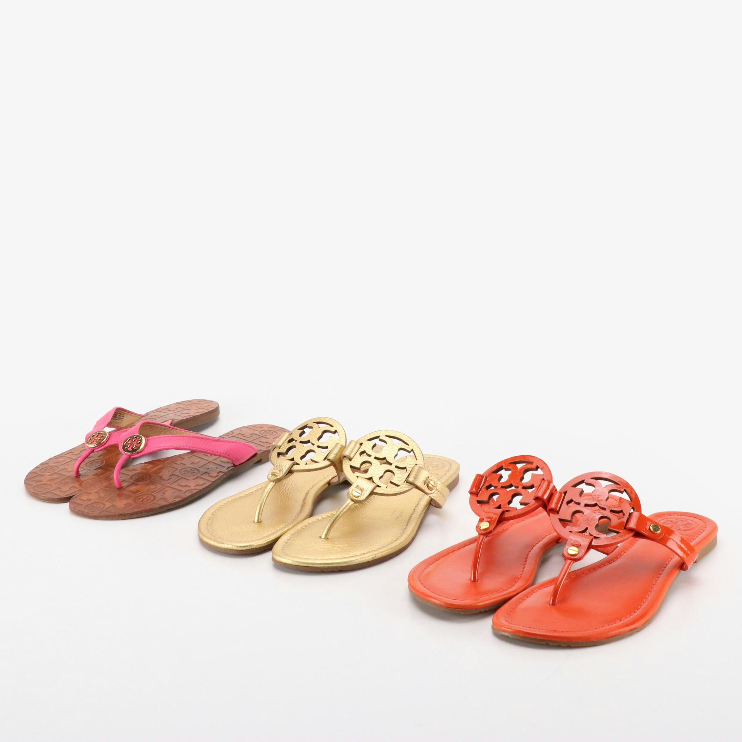 Tory Burch Metallic Gold & Orange Patent Leather Miller Sandals, Pink Flip-Flops