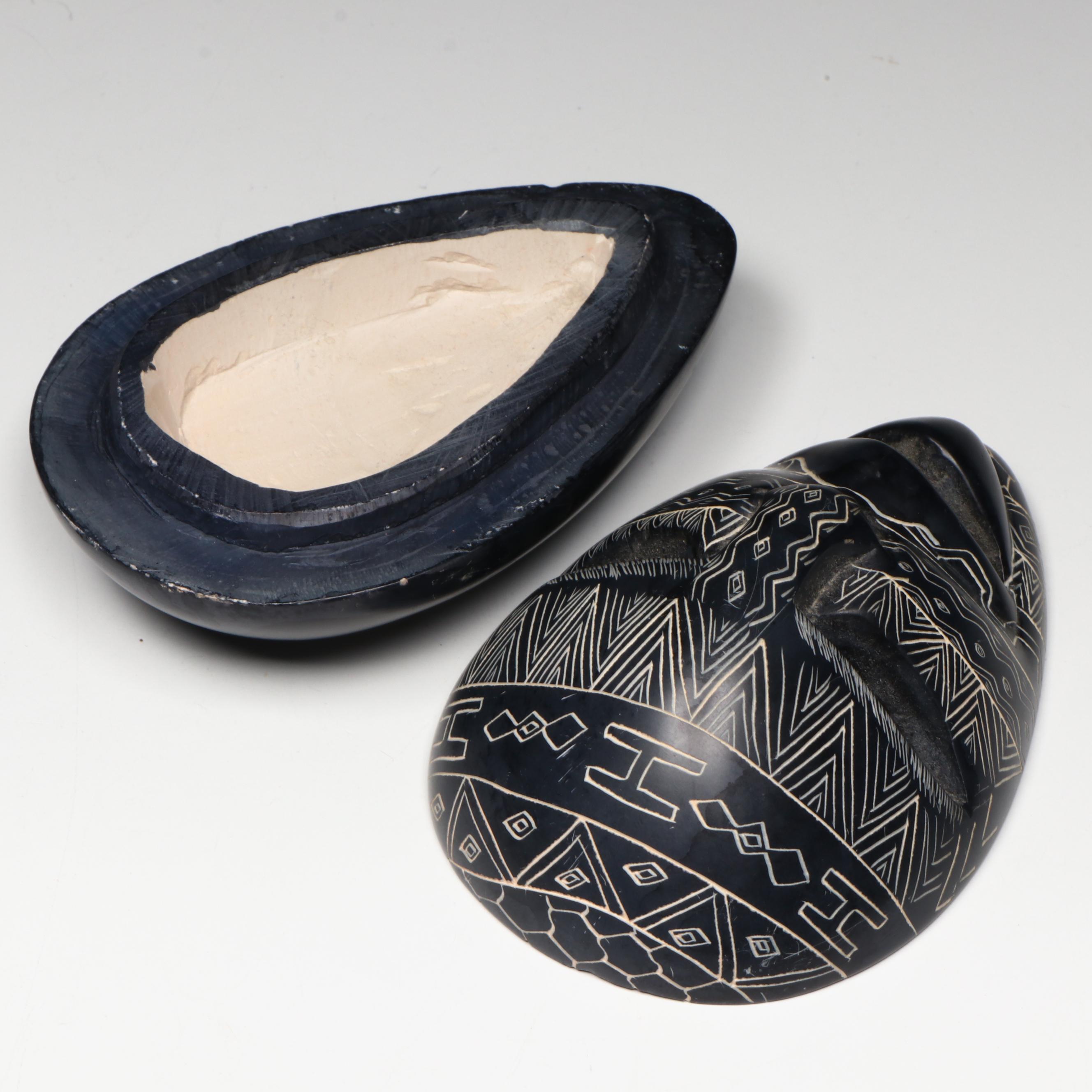 Kenyan Ebonized Soapstone Sgraffito Face Mask Keepsake Box