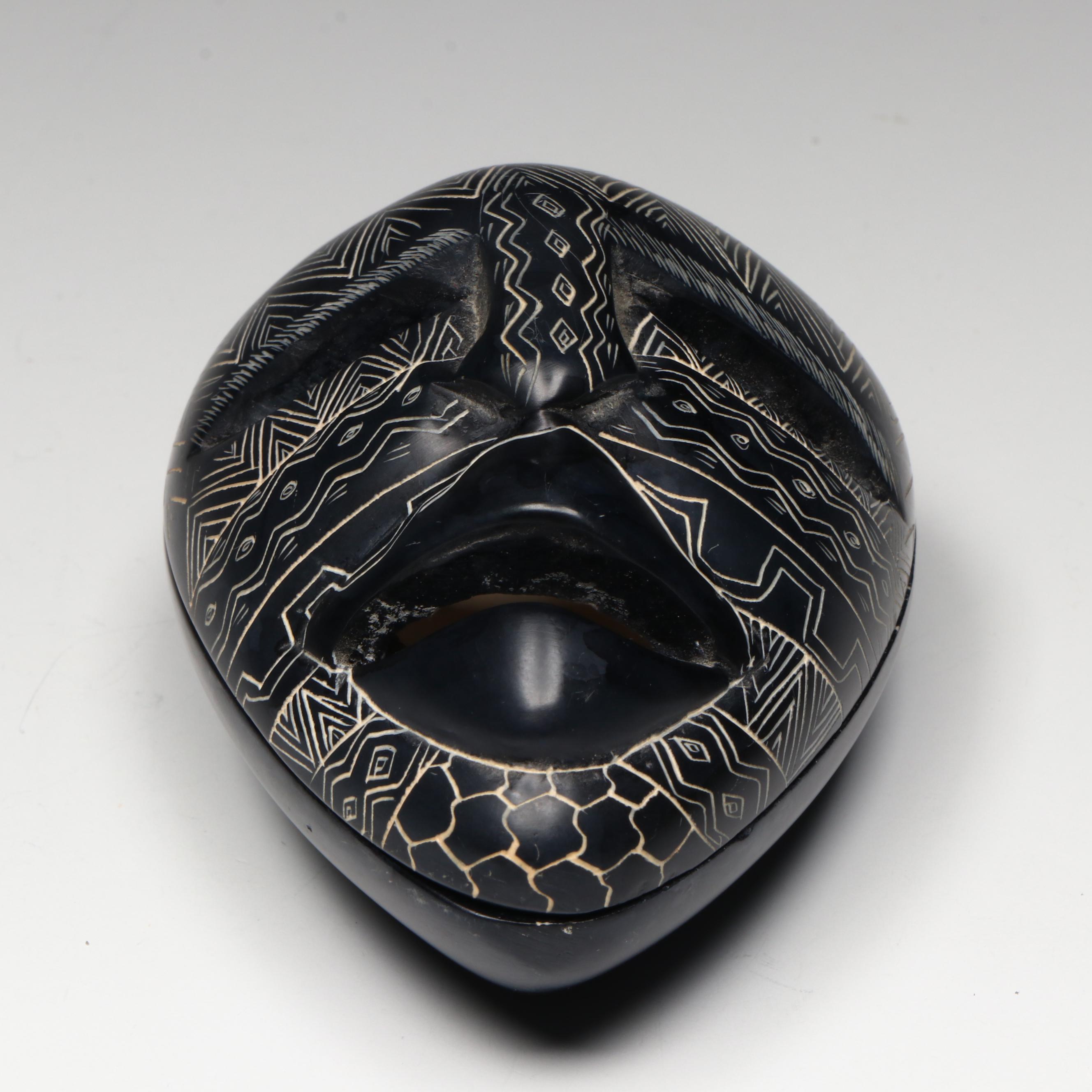 Kenyan Ebonized Soapstone Sgraffito Face Mask Keepsake Box